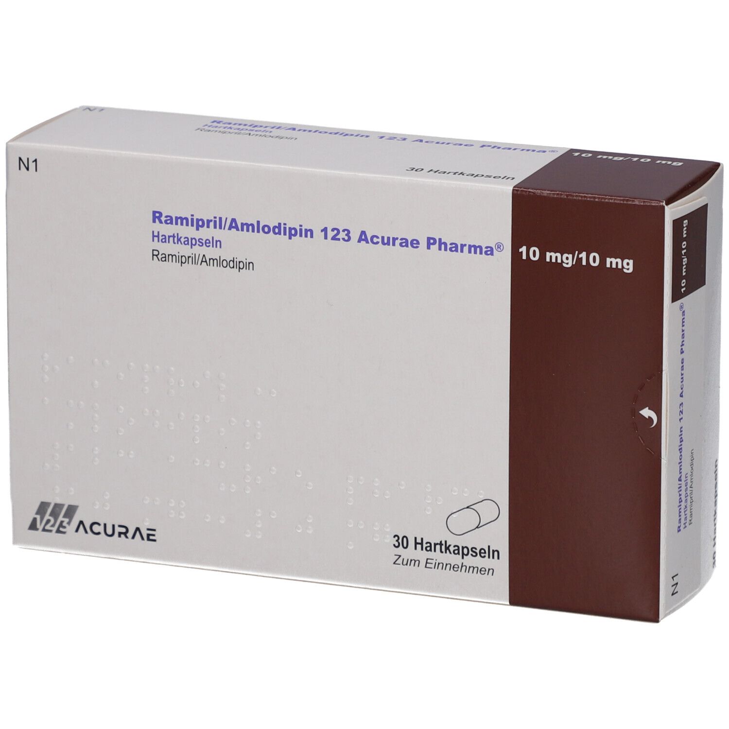 Schachtel mit Medikamenten. Aufschrift: Ramipril/Amlodipin 123 Acurae Pharma 10mg/10mg. 30 Hartkapseln. Braune und weiße Verpackung.