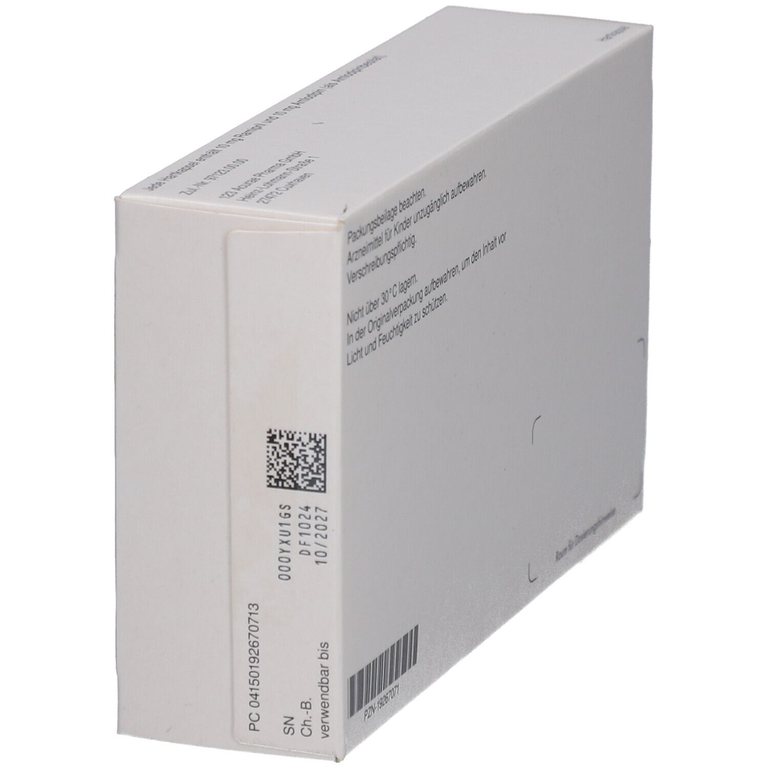 Schrägansicht der Rückseite einer Medikamentenbox. Text und Barcode. Weiße Verpackung.