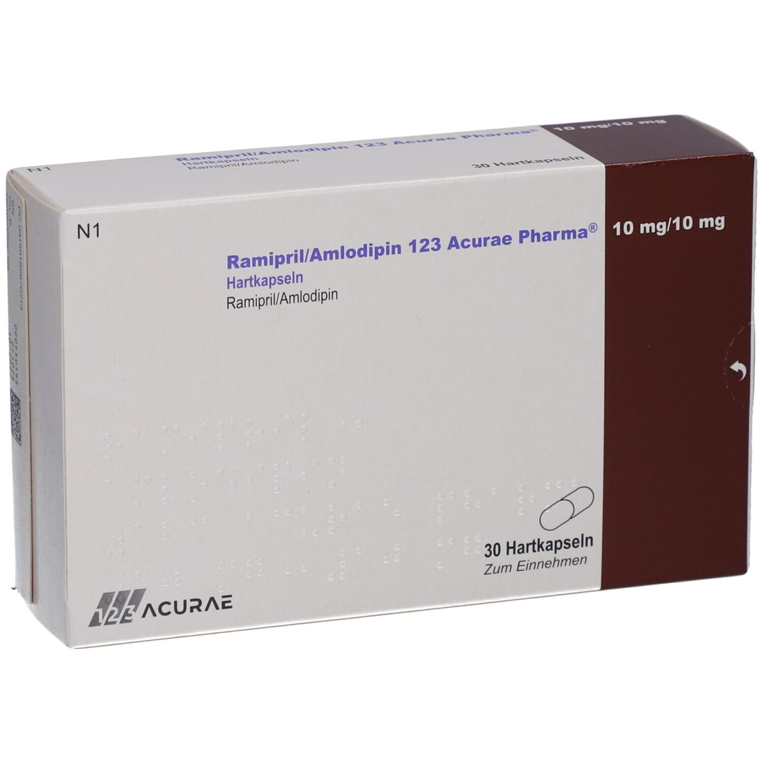 Medikamentenbox. Aufschrift: Ramipril/Amlodipin 123 Acurae Pharma 10mg/10mg. 30 Hartkapseln. Weiße Verpackung.