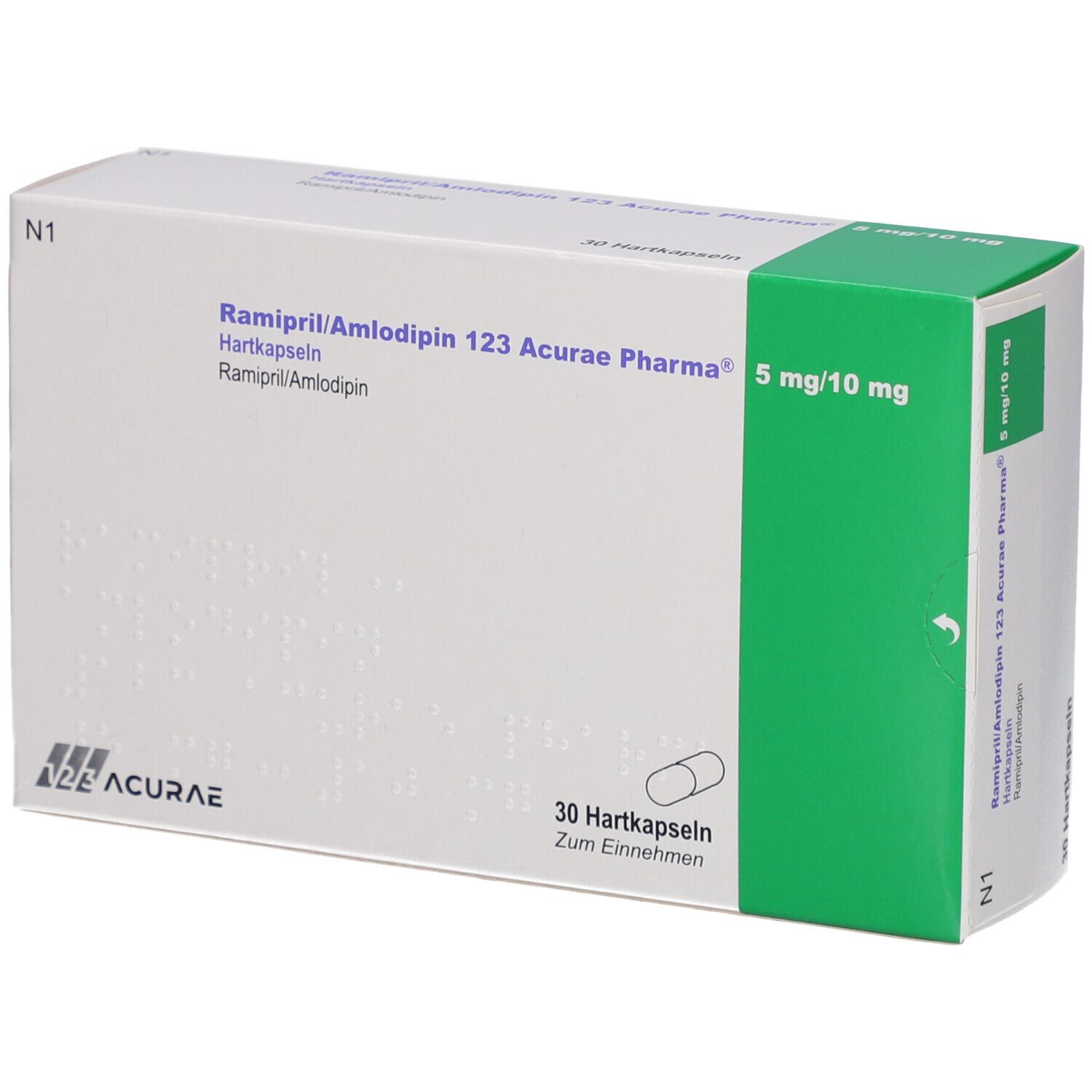 Weiße Medikamentenbox mit grüner Seite. Aufdruck: Ramipril/Amlodipin 123 Acurae Pharma 5mg/10mg, 30 Hartkapseln.