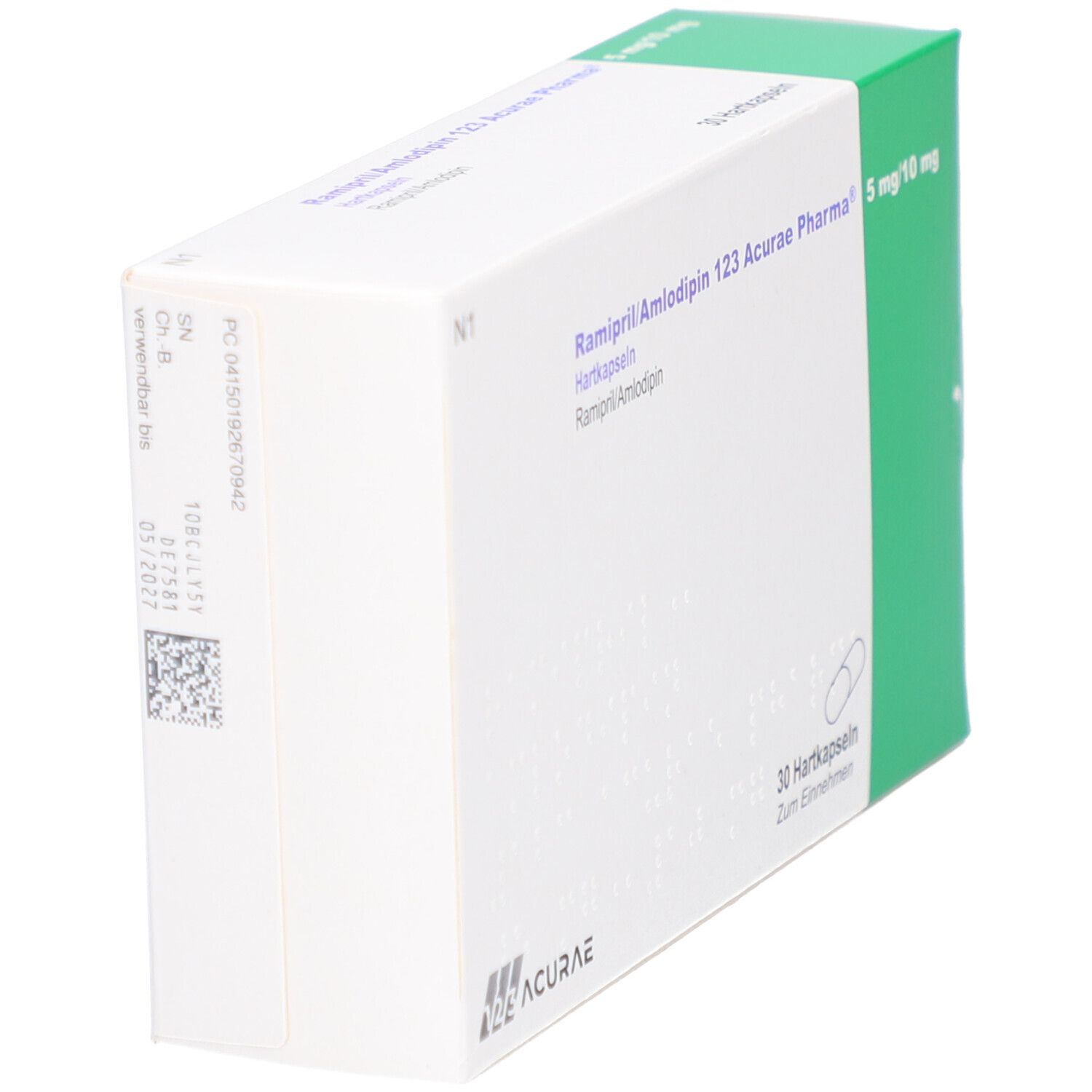 Medikamentenbox, weiß mit grüner Seite. Aufdruck: Ramipril/Amlodipin 123 Acurae Pharma 5mg/10mg. 30 Hartkapseln. Acurae Logo.