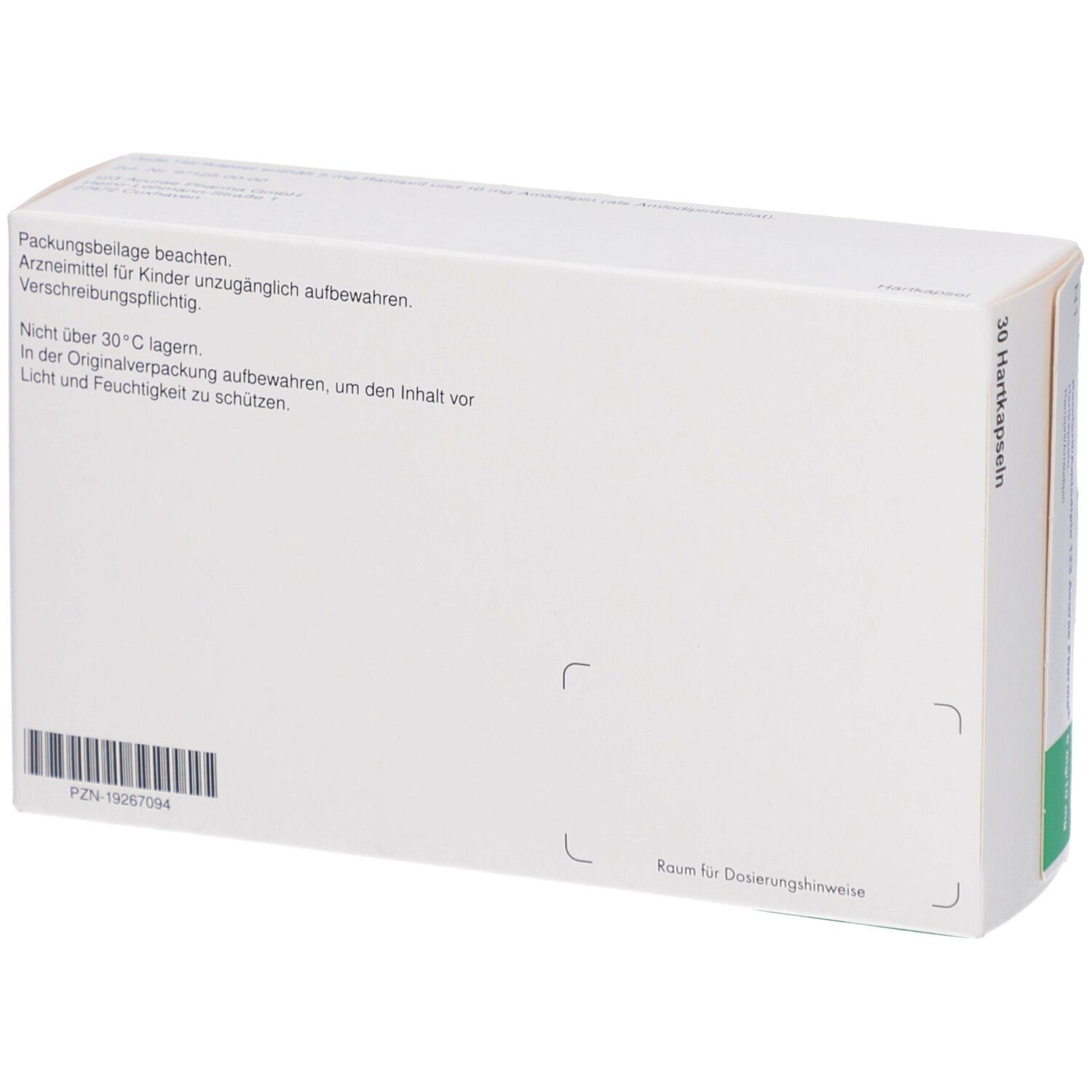 Rückseite einer weißen Medikamentenbox. Text: Packungsbeilage beachten, nicht über 30°C lagern. Raum für Dosierungshinweise. PZN-19267094.