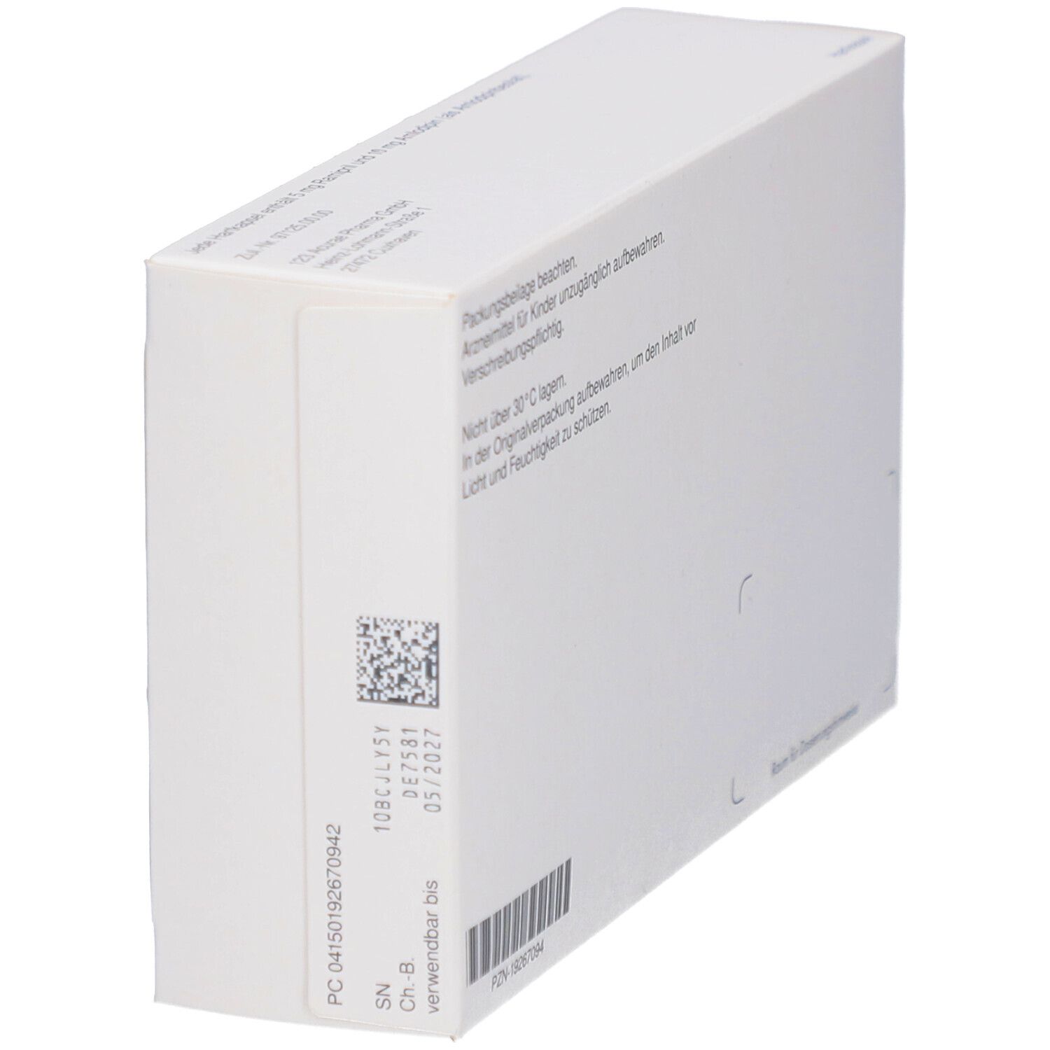 Seitenansicht einer weißen Medikamentenbox. Text: Packungsbeilage beachten, nicht über 30°C lagern. PZN-19267094, Verwendbar bis 05/2027.