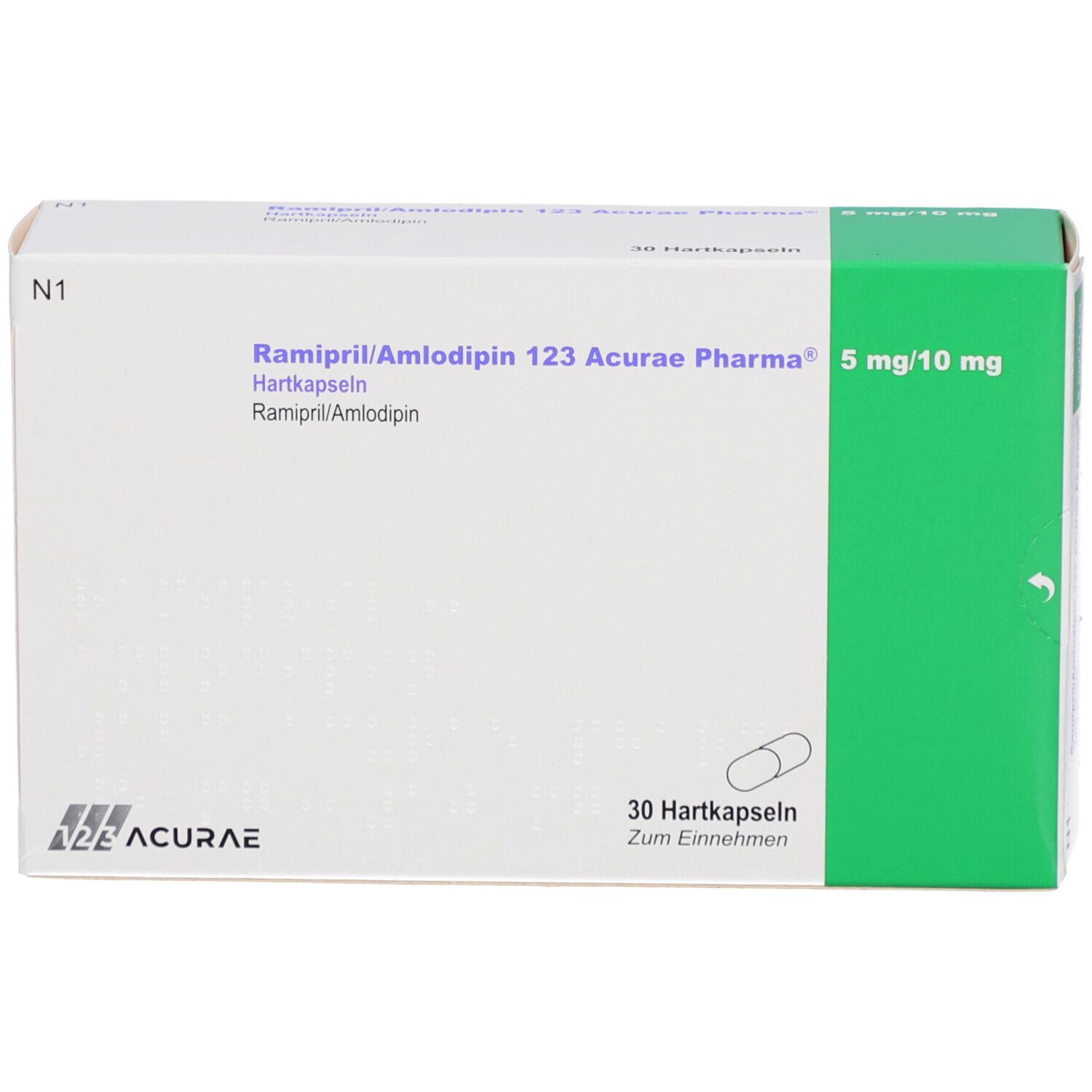 Weiße Medikamentenbox mit grüner Seite. Aufdruck: Ramipril/Amlodipin 123 Acurae Pharma 5mg/10mg, 30 Hartkapseln. Acurae Logo.