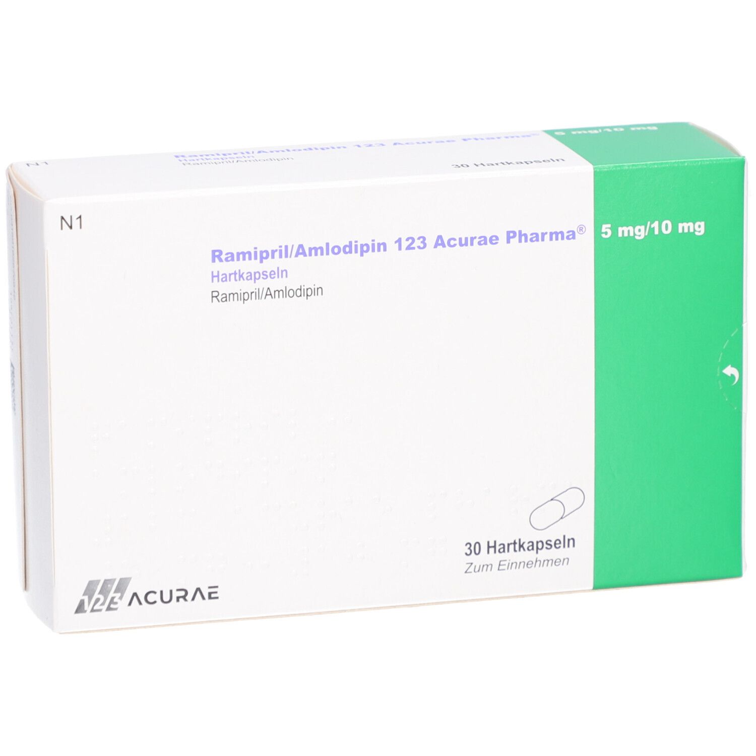 Weiße Medikamentenbox mit grüner Seite. Aufdruck: Ramipril/Amlodipin 123 Acurae Pharma 5mg/10mg, 30 Hartkapseln. Acurae Logo.
