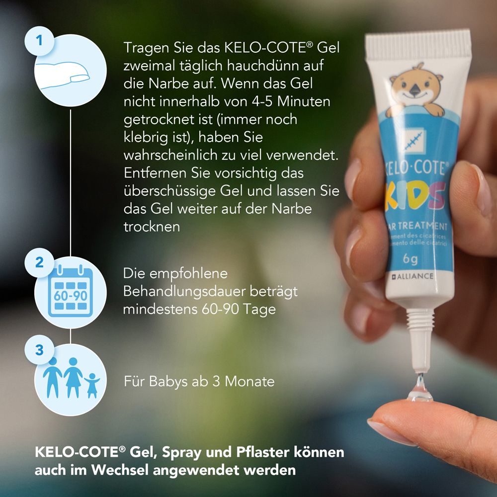 Anwendungshinweise für KELO-COTE® KIDS Narbengel. Tube und Tropfen. Text: Für Babys ab 3 Monate.