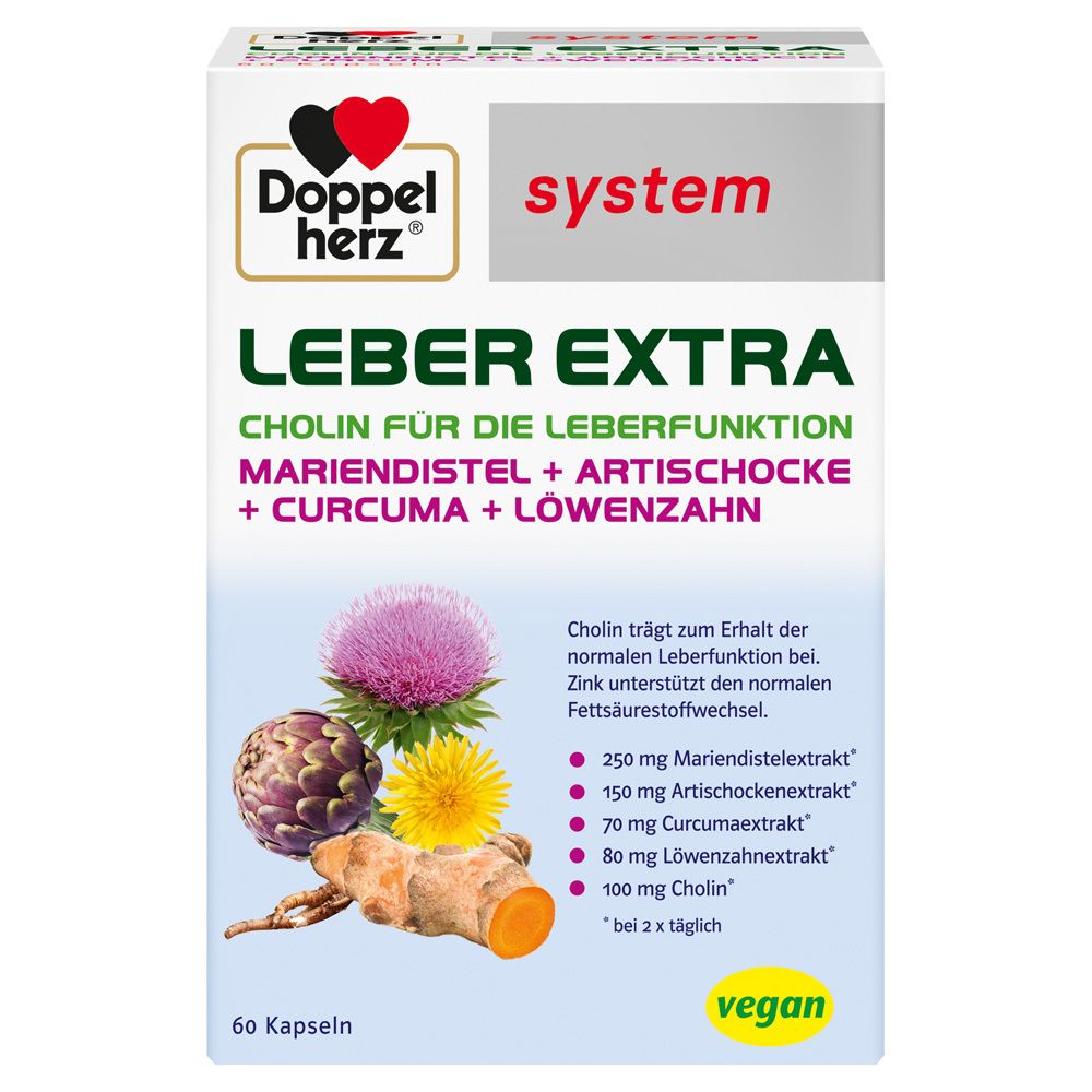 Doppelherz Leber Extra system Kapseln. Karton mit Produktabbildung und Inhaltsstoffen. Vegan.