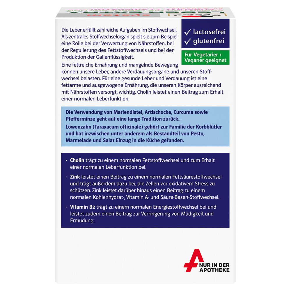 Rückseite der Doppelherz Leber Extra system Kapseln Verpackung. Text über Inhaltsstoffe und Hinweise.