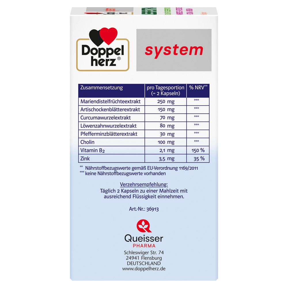 Doppelherz Leber Extra system Kapseln Verpackung. Nährwerttabelle und Dosierungshinweise.