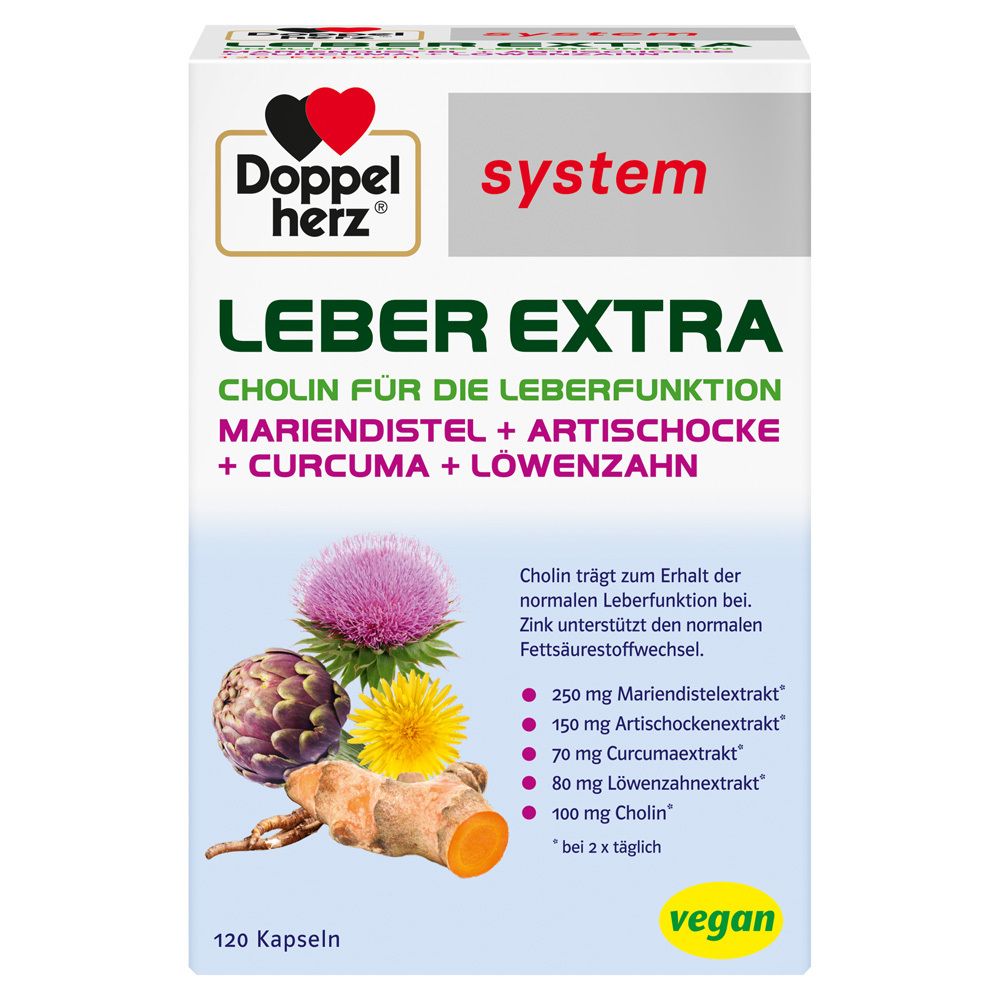 Doppelherz Leber Extra Kapseln. Packung mit 120 Kapseln. Enthält Cholin, Zink und Pflanzenextrakte. Vegan.