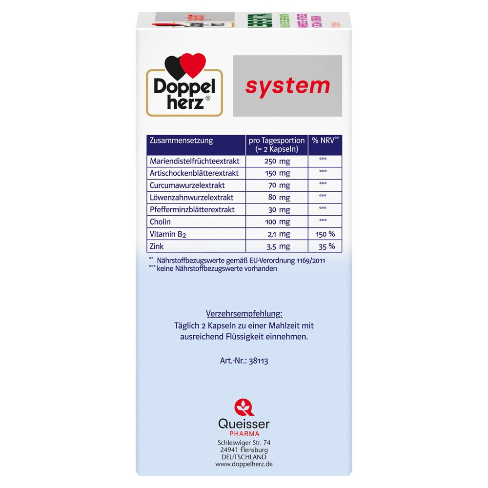Rückseite der Doppelherz Leber Extra Packung. Tabelle mit Nährwertangaben und Verzehrempfehlung.