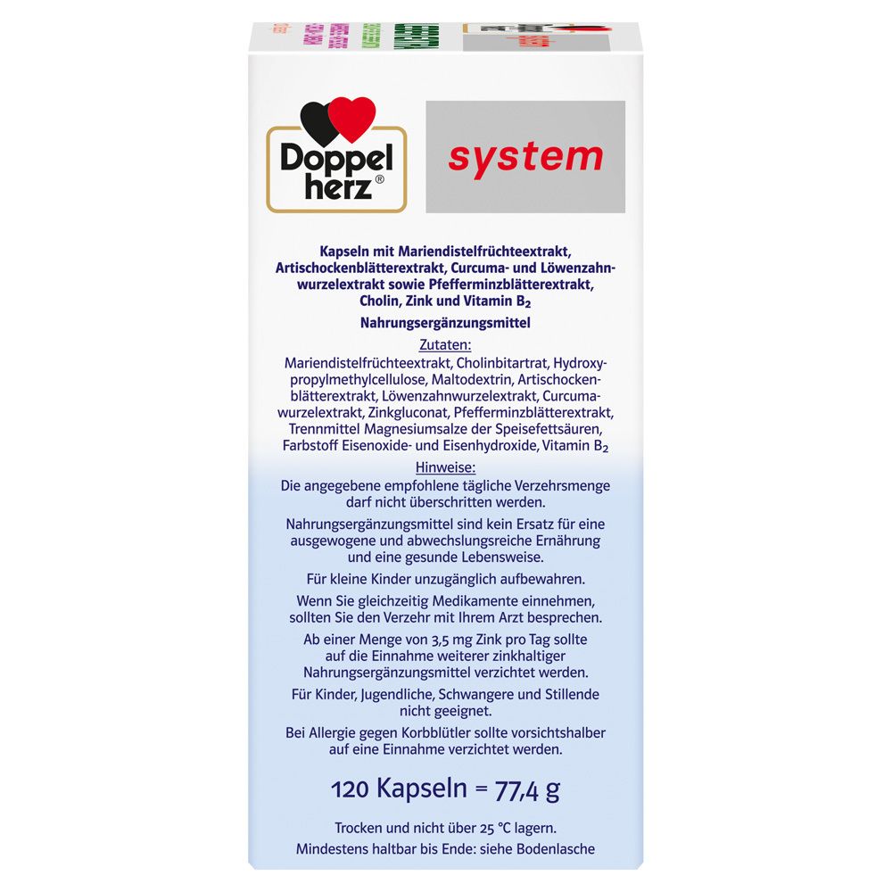 Rückseite der Doppelherz Leber Extra Packung. Informationen zu Inhaltsstoffen, Lagerung und Warnhinweisen.