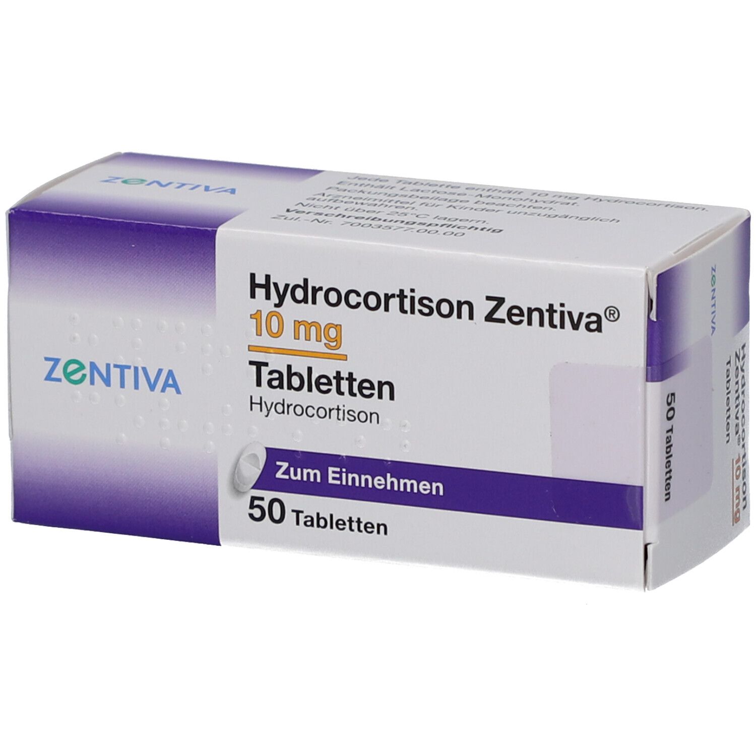 Schachtel HYDROCORTISON Zentiva 10 mg Tabletten. 50 Tabletten. Aufdruck: Hydrocortison, Zum Einnehmen.