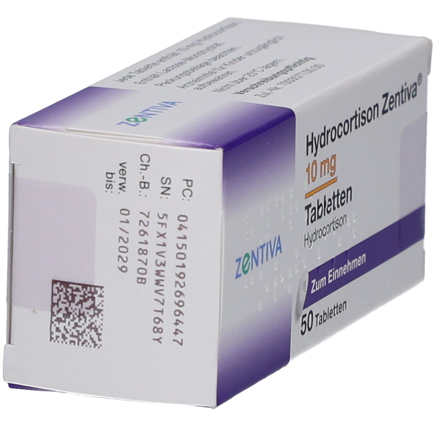 Schachtel HYDROCORTISON Zentiva 10 mg Tabletten. Seitenansicht mit Chargennummer und Verfallsdatum.