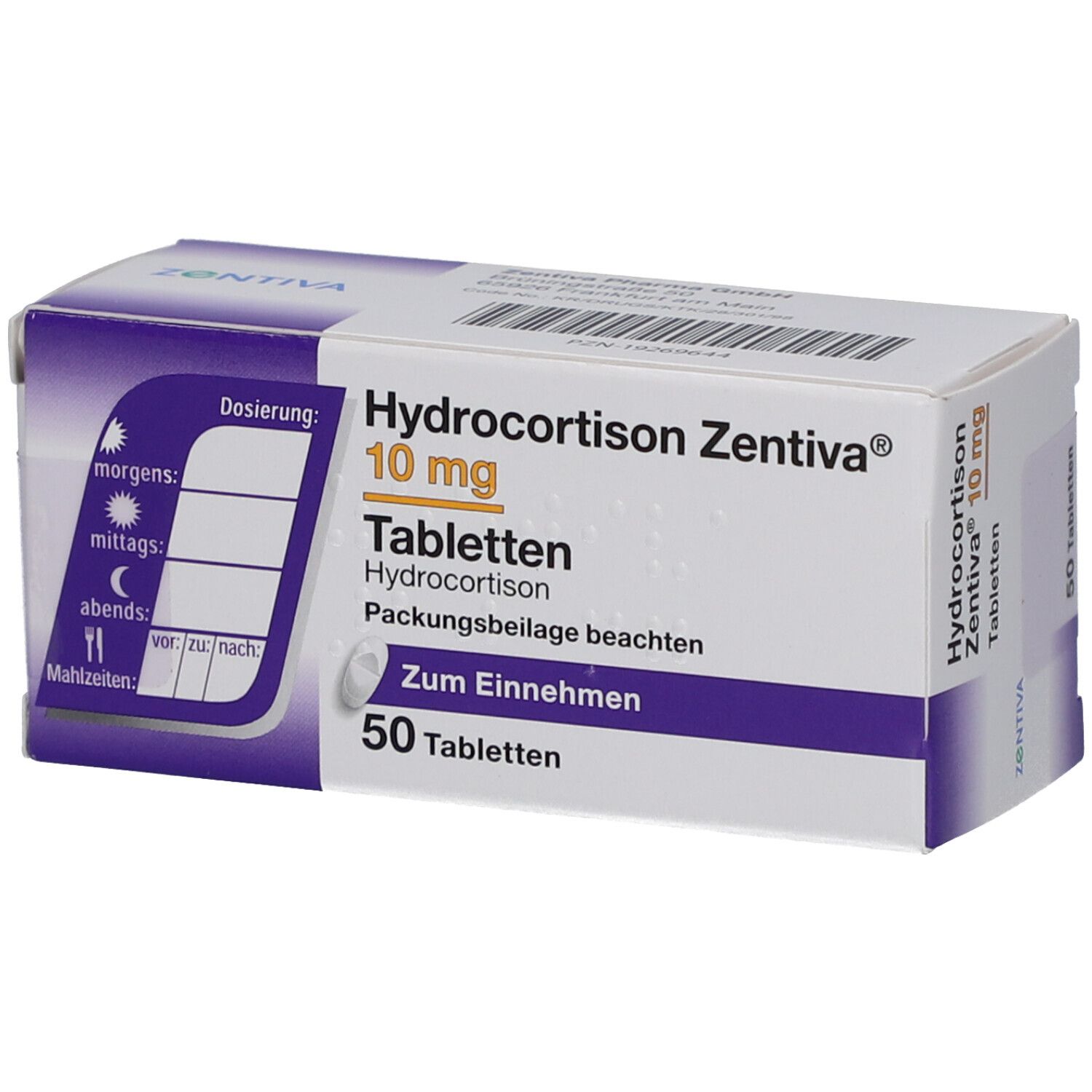 Schachtel HYDROCORTISON Zentiva 10 mg Tabletten. Mit Dosierungsanleitung. 50 Tabletten. Zum Einnehmen.