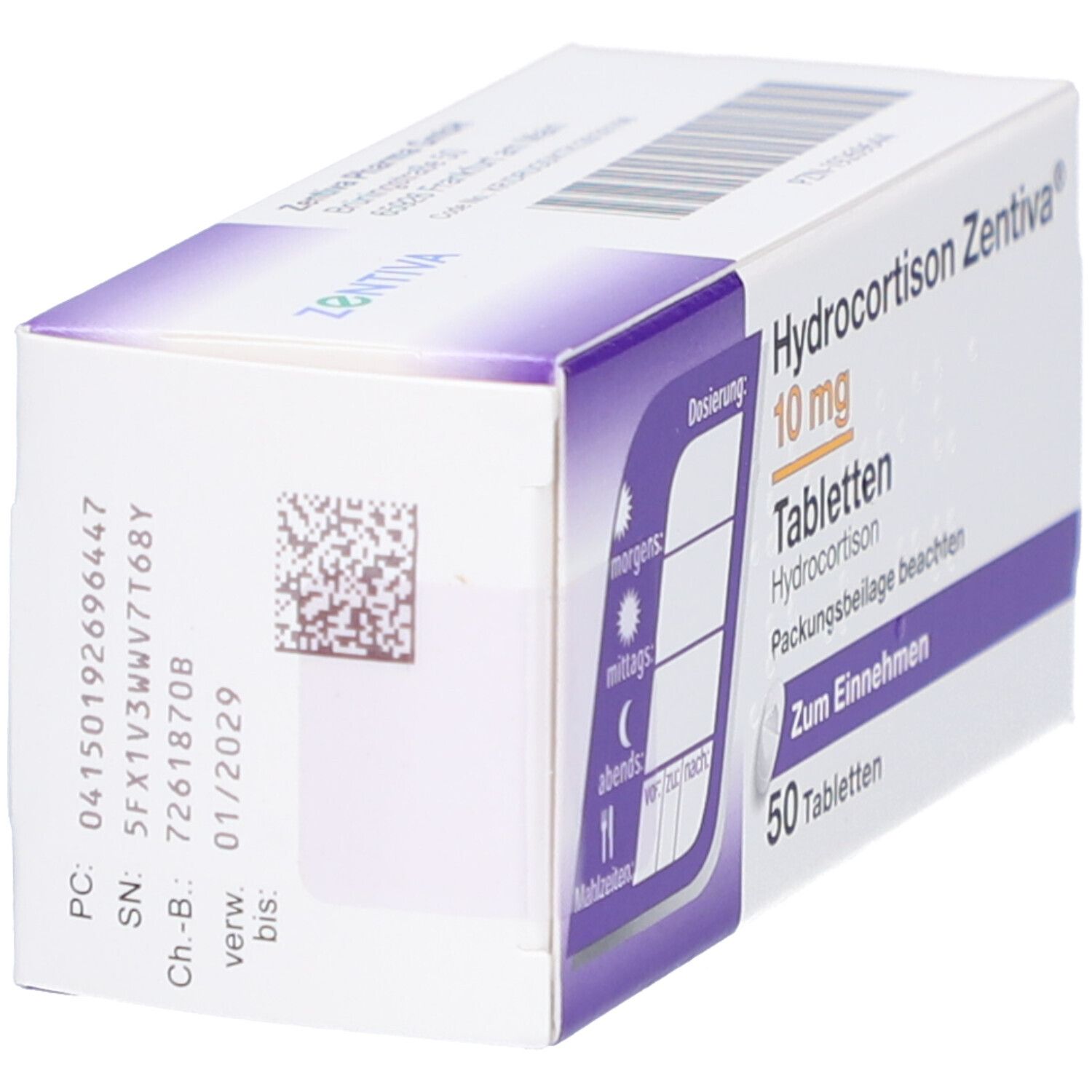 Schachtel HYDROCORTISON Zentiva 10 mg Tabletten. Seitenansicht mit Dosierungsanleitung und Verfallsdatum.