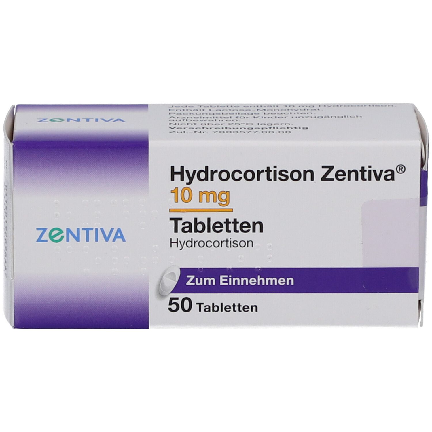 Schachtel HYDROCORTISON Zentiva 10 mg Tabletten. 50 Tabletten. Aufdruck: Hydrocortison, Zum Einnehmen.