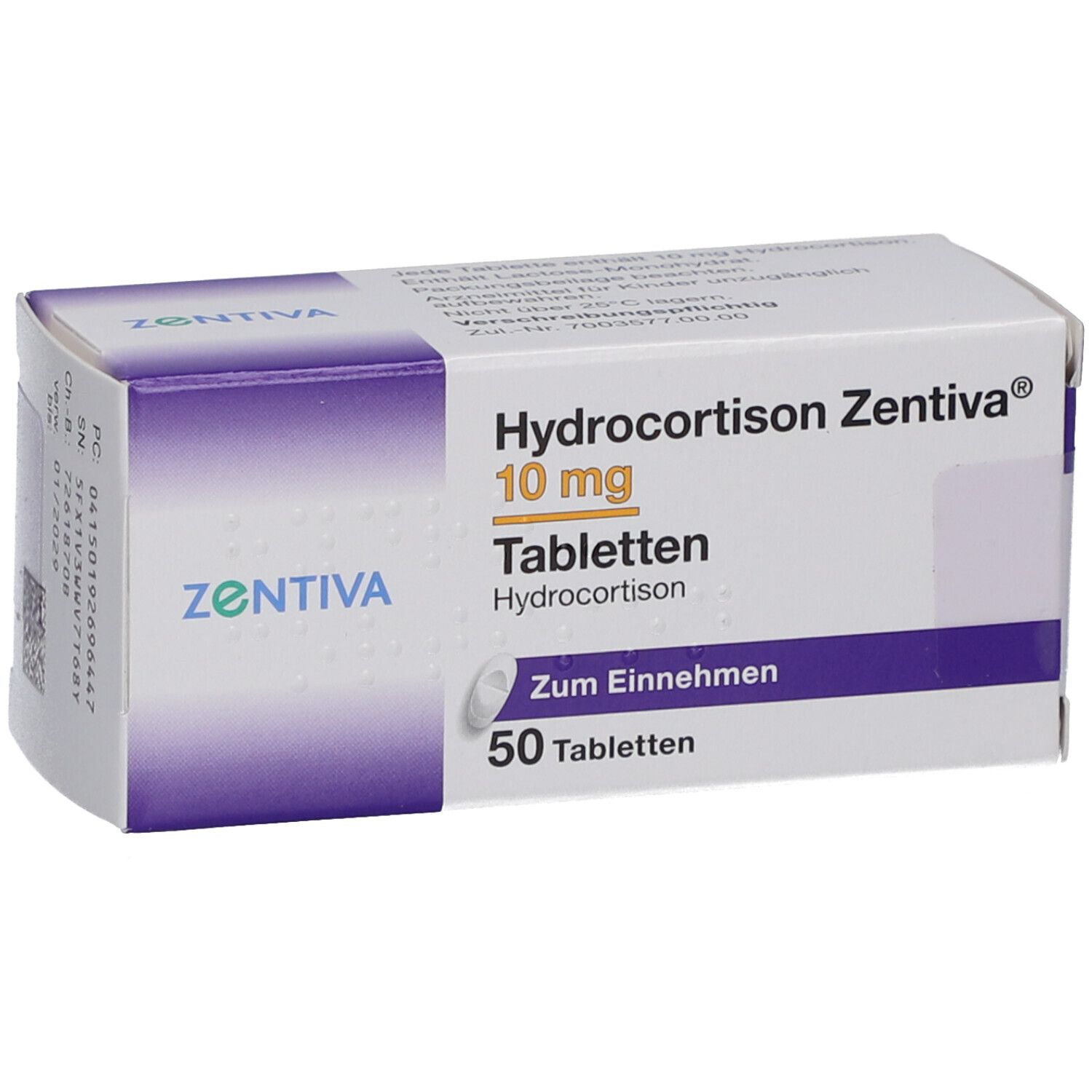 Schachtel HYDROCORTISON Zentiva 10 mg Tabletten. 50 Tabletten. Aufdruck: Hydrocortison, Zum Einnehmen.