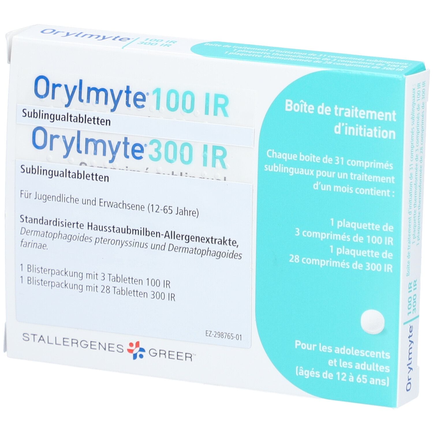 Karton mit "Orylmyte 100 IR & 300 IR" Tabletten. Text in Deutsch und Französisch. Logo von Stallergenes Greer.