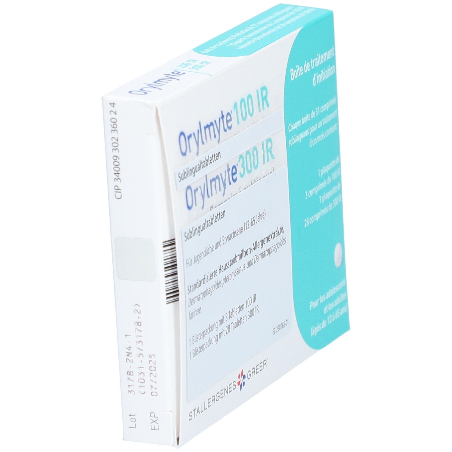 Karton "Orylmyte 100 IR & 300 IR" Tabletten. Seitenansicht. Text in Deutsch und Französisch. Logo Stallergenes Greer.