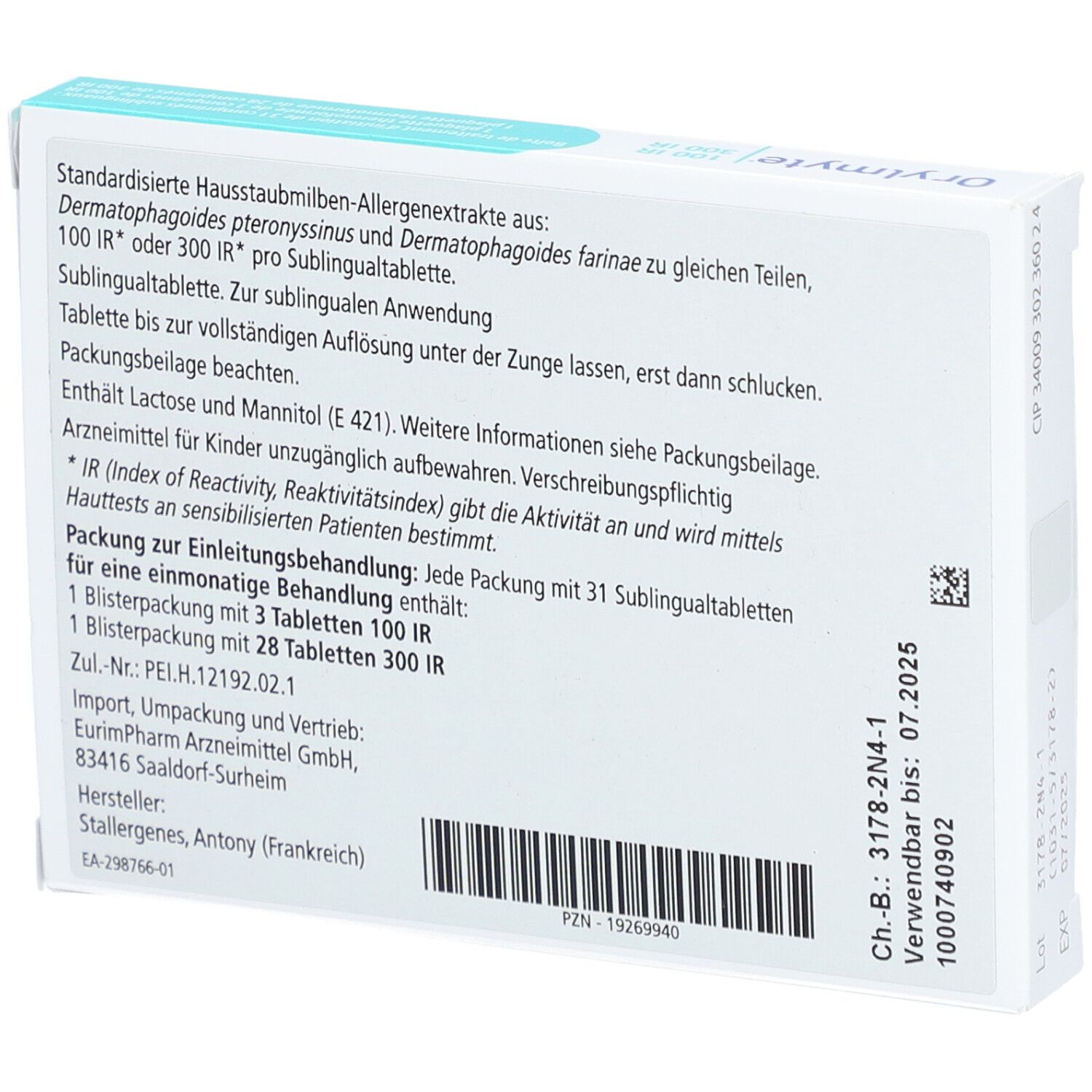 Rückseite der "Orylmyte 100 IR & 300 IR" Tabletten-Verpackung. Text in Deutsch. Informationen zur Anwendung.