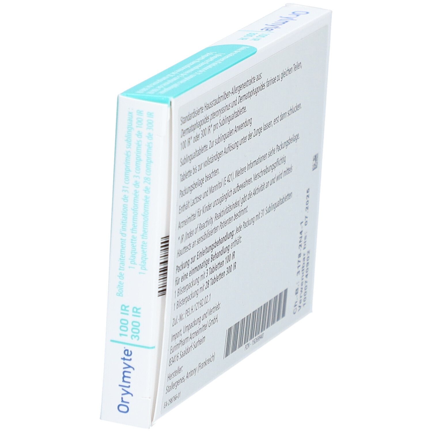 Seitenansicht der "Orylmyte 100 IR & 300 IR" Tabletten-Verpackung. Text in Deutsch und Französisch.