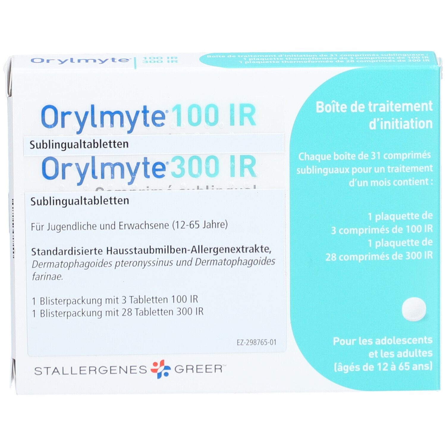 Karton mit "Orylmyte 100 IR & 300 IR" Tabletten. Text in Deutsch und Französisch. Logo von Stallergenes Greer.