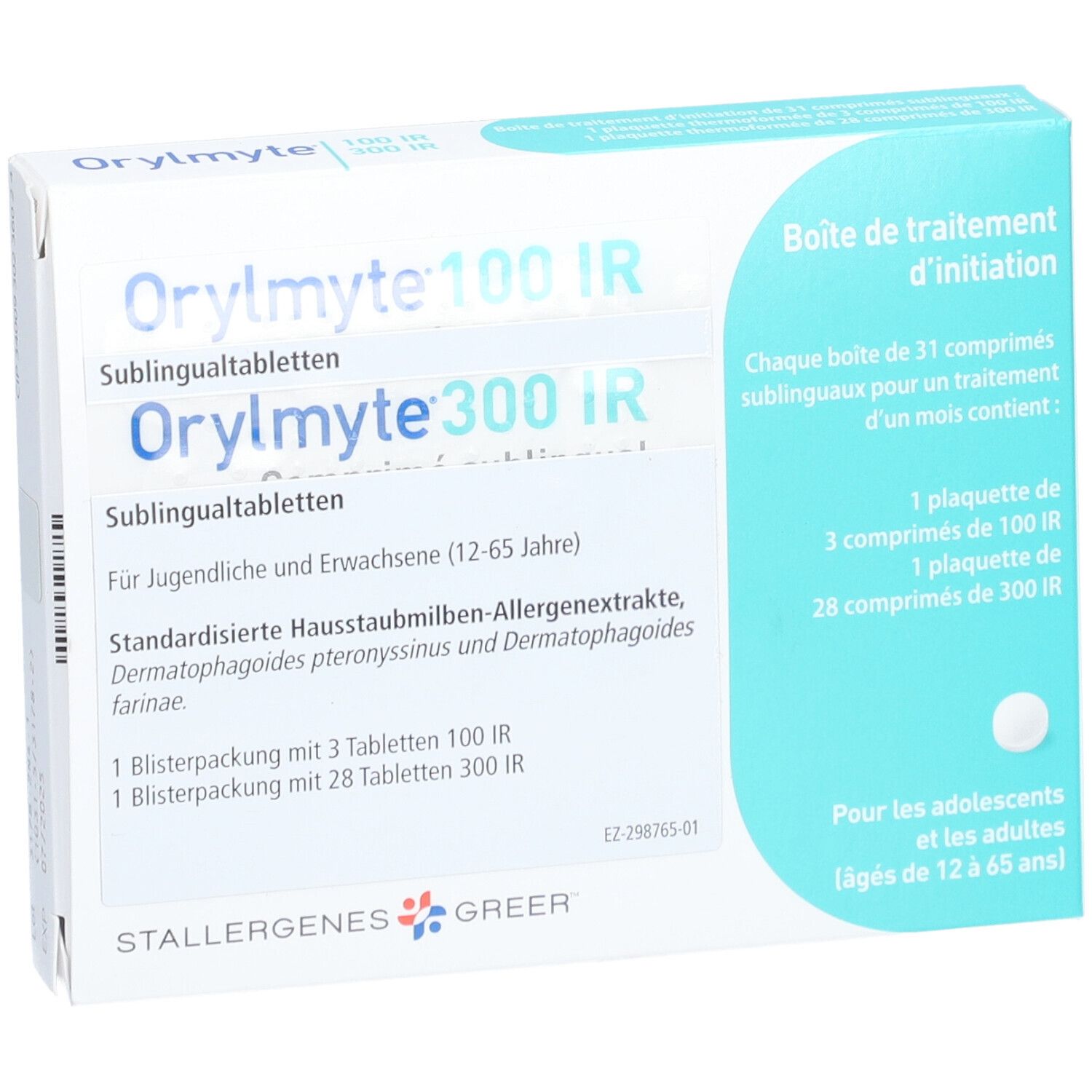 Karton mit "Orylmyte 100 IR & 300 IR" Tabletten. Text in Deutsch und Französisch. Logo von Stallergenes Greer.