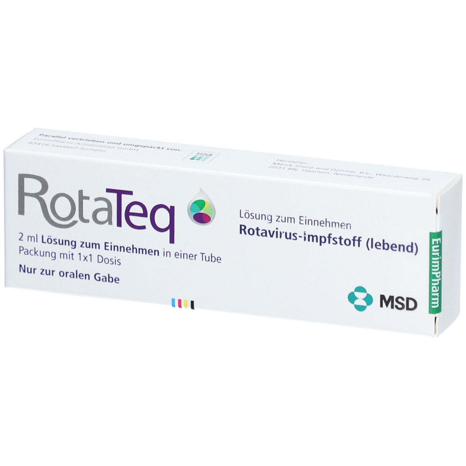 Schachtel mit RotaTeq-Logo und Produktinformationen. Enthält 2 ml Lösung zum Einnehmen. MSD-Logo.