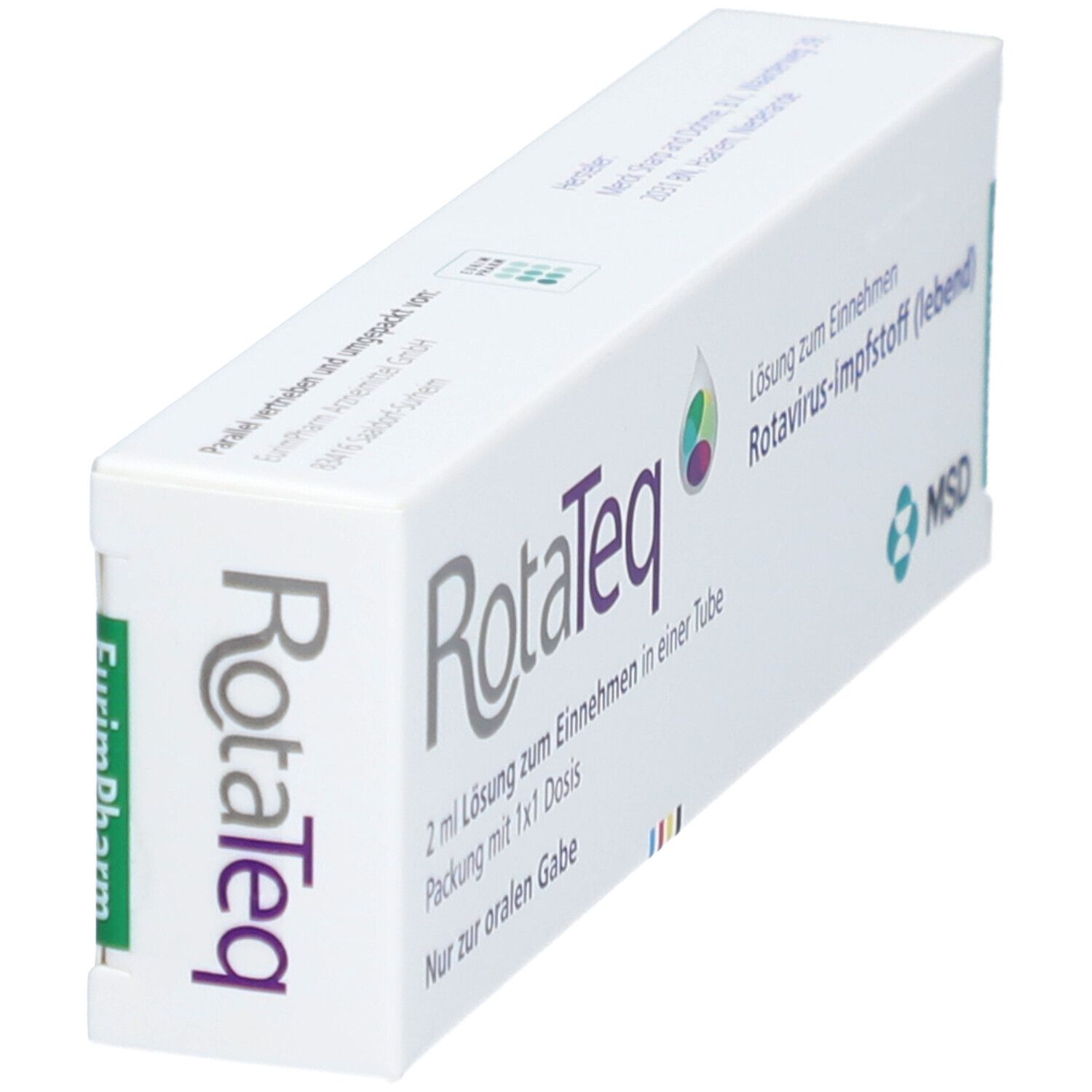 Schräg gestellte RotaTeq-Schachtel. Logo und Produktinformationen sichtbar. EurimPharm-Logo.