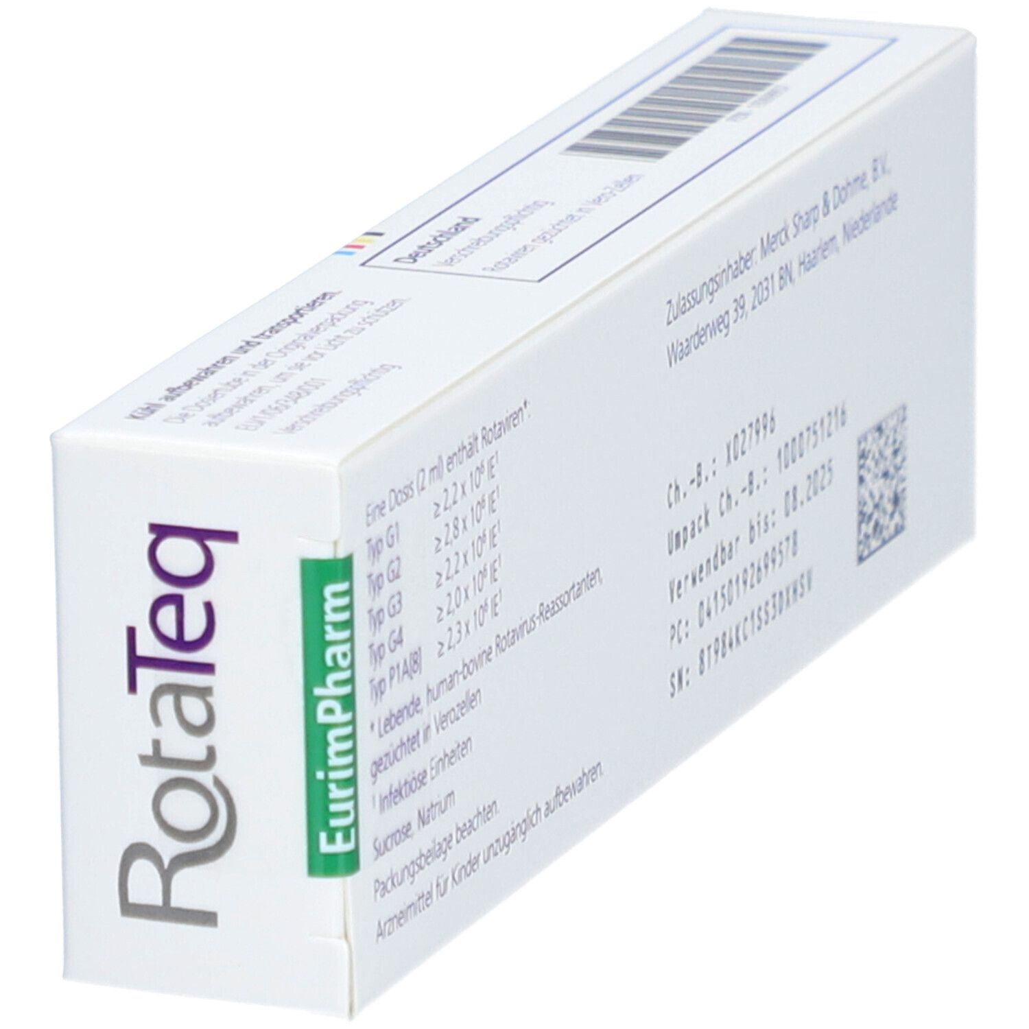Schräg gestellte RotaTeq-Schachtel. Rückseite mit Produktinformationen und Chargennummer.