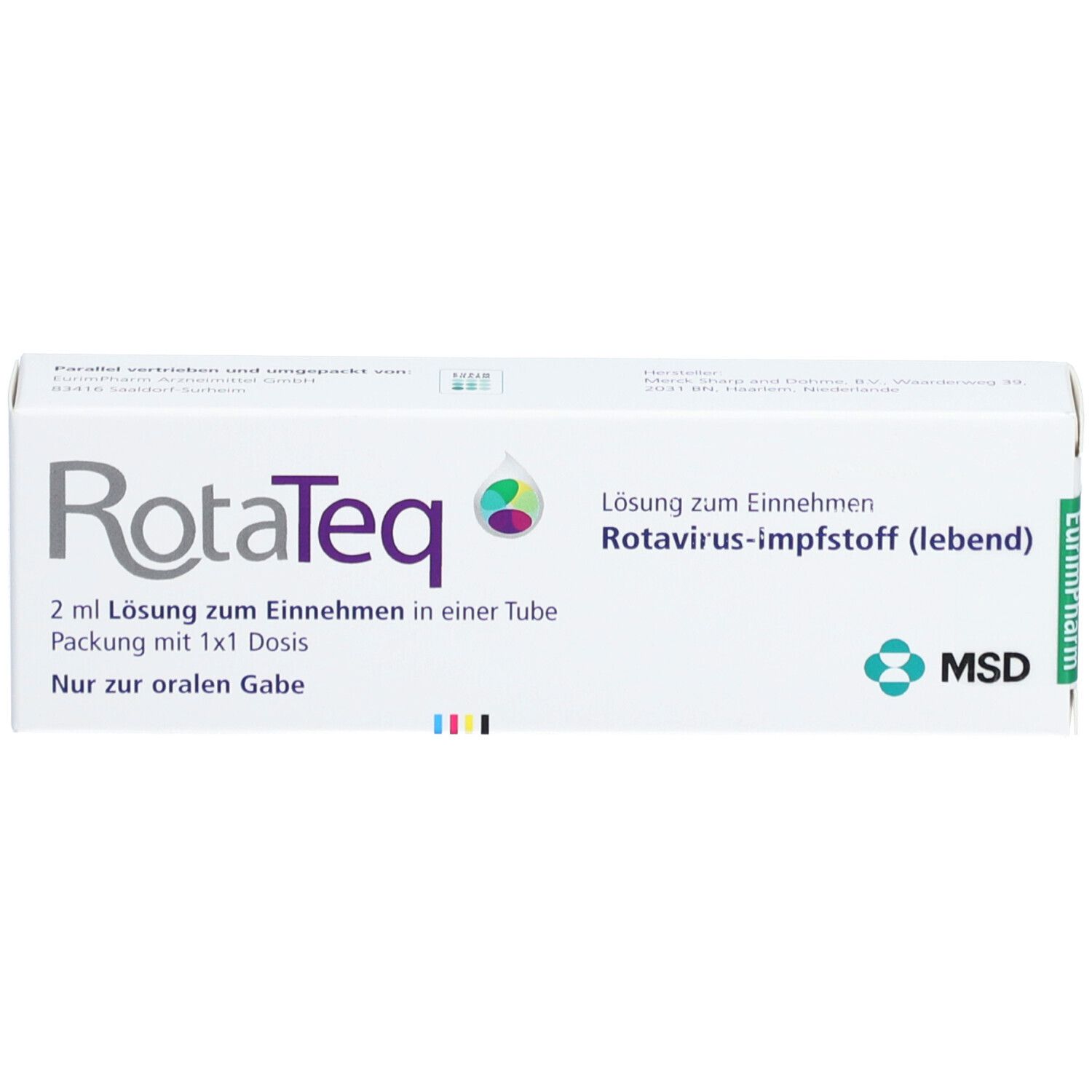 RotaTeq-Schachtel mit Logo und Produktinformationen. Enthält 2 ml Lösung zum Einnehmen. MSD-Logo.