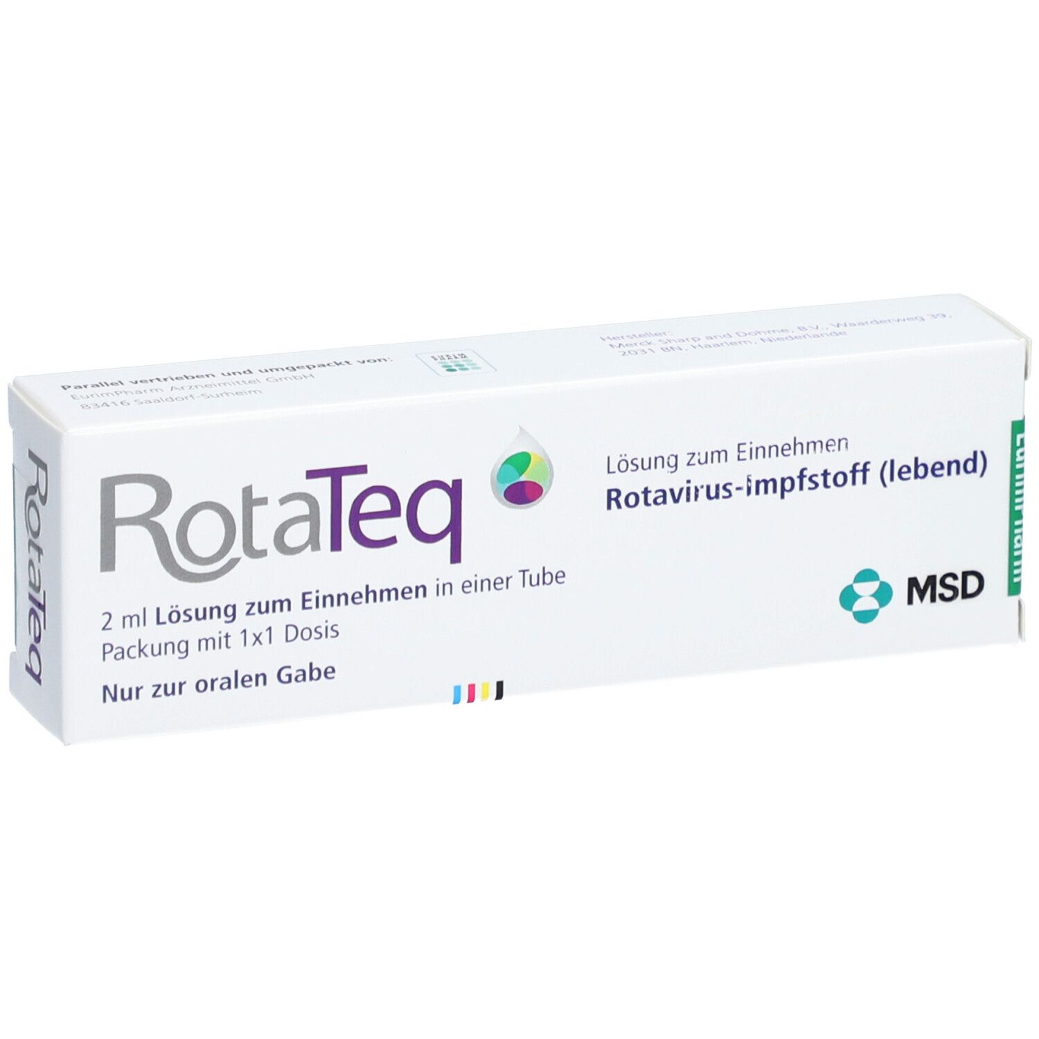 RotaTeq-Schachtel mit Logo und Produktinformationen. Enthält 2 ml Lösung zum Einnehmen. MSD-Logo.