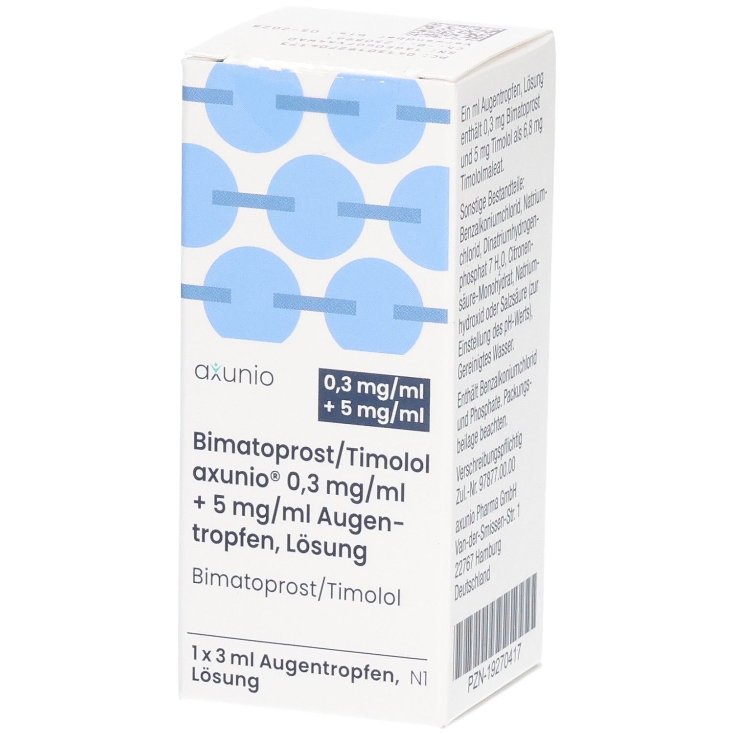 Weiße Faltschachtel mit blauen Kreisen. Aufdruck: axunio, 0,3 mg/ml + 5 mg/ml, Bimatoprost/Timolol Augentropfen, Lösung. 1x3 ml.