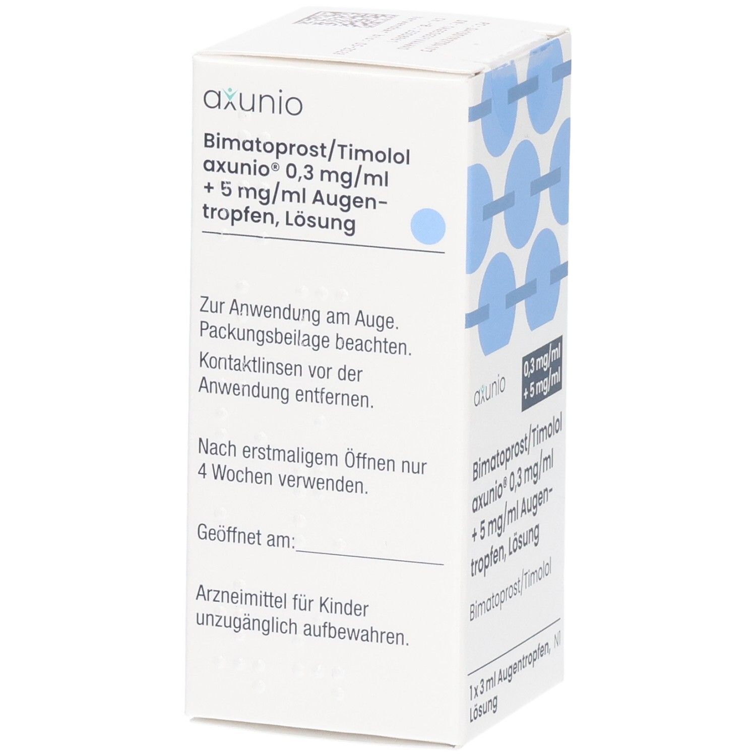 Weiße Faltschachtel mit blauen Kreisen. Aufdruck: axunio, Bimatoprost/Timolol Augentropfen. Text zur Anwendung am Auge. 4 Wochen nach Öffnung.