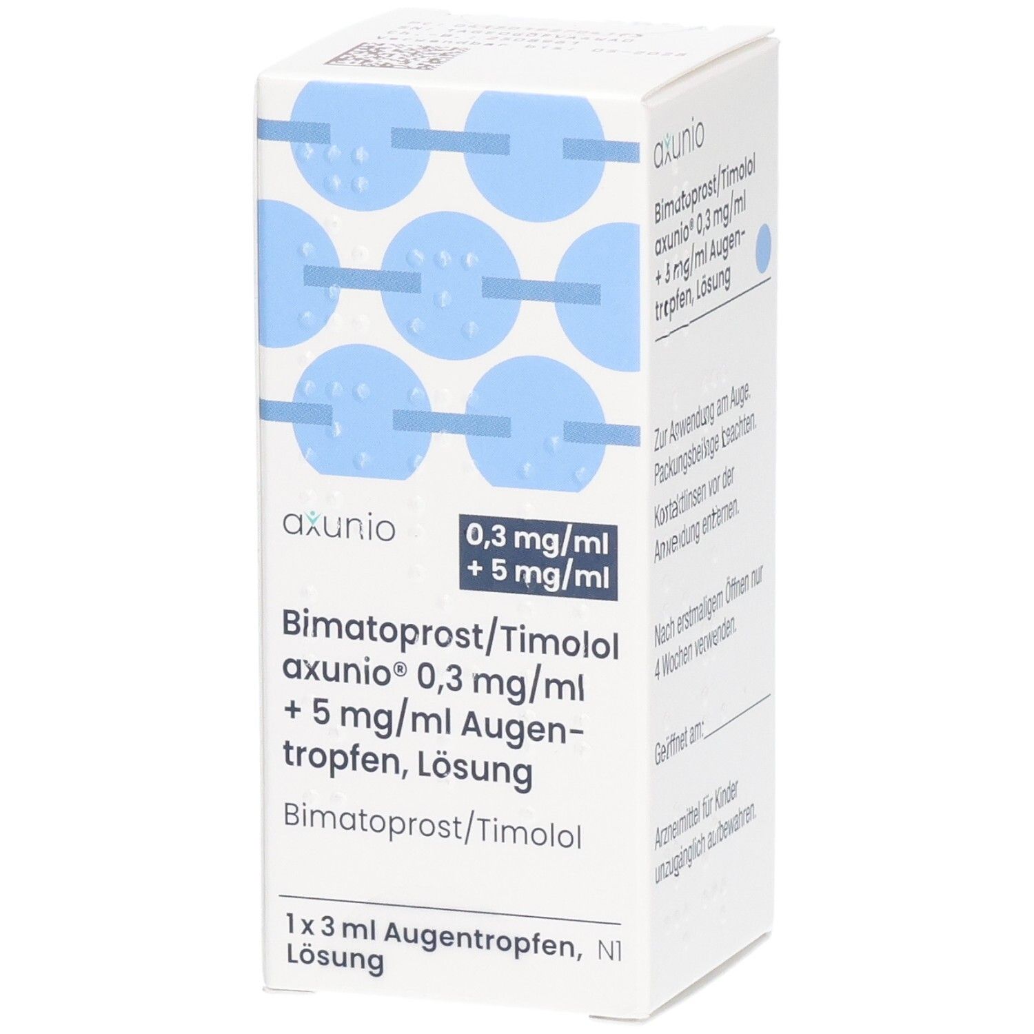 Weiße Faltschachtel mit blauen Kreisen. Aufdruck: axunio, 0,3 mg/ml + 5 mg/ml, Bimatoprost/Timolol Augentropfen, Lösung. 1x3 ml.