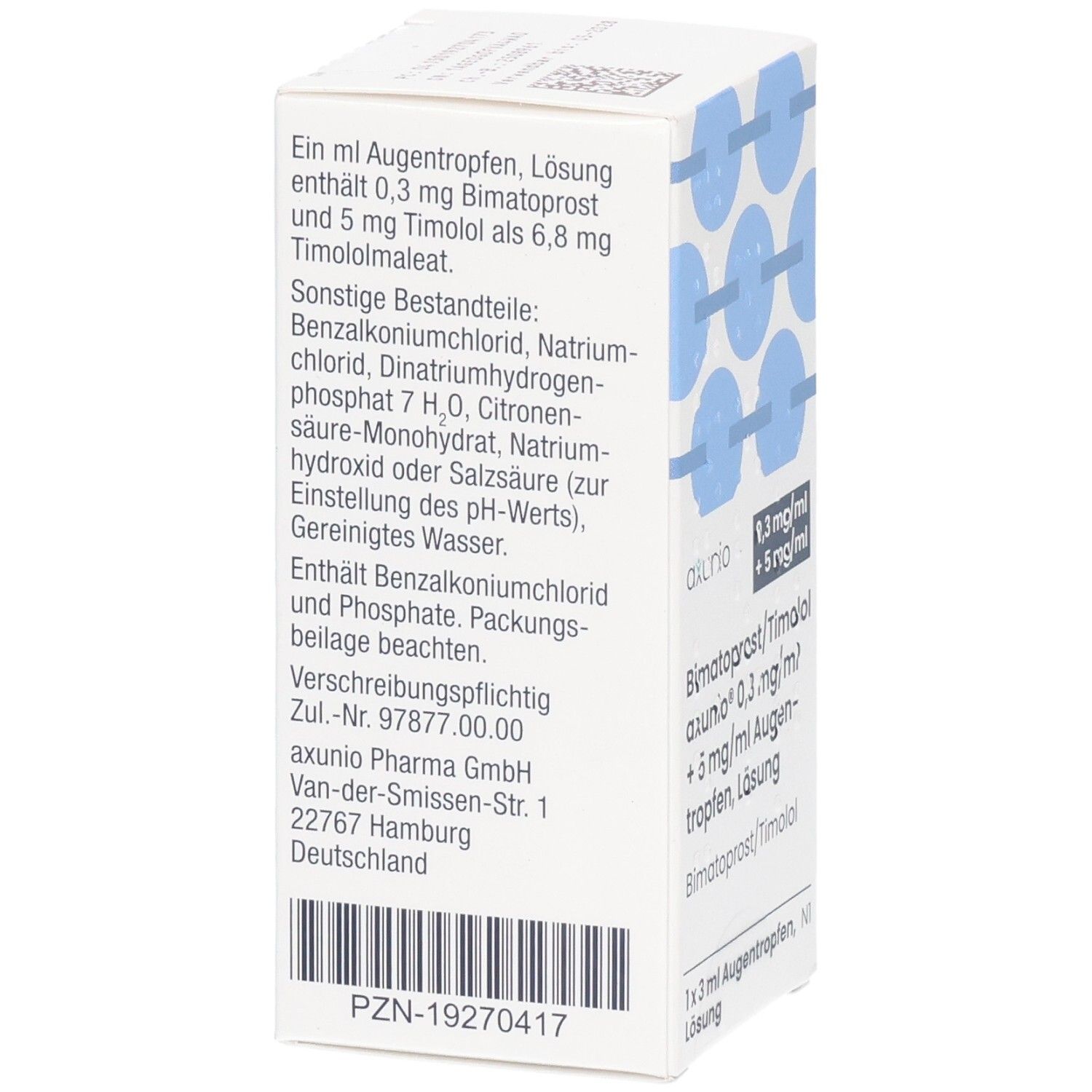 Weiße Faltschachtel mit blauen Kreisen. Aufdruck: axunio, 0,3 mg/ml + 5 mg/ml, Bimatoprost/Timolol Augentropfen, Lösung. Inhaltsstoffe und Hersteller.