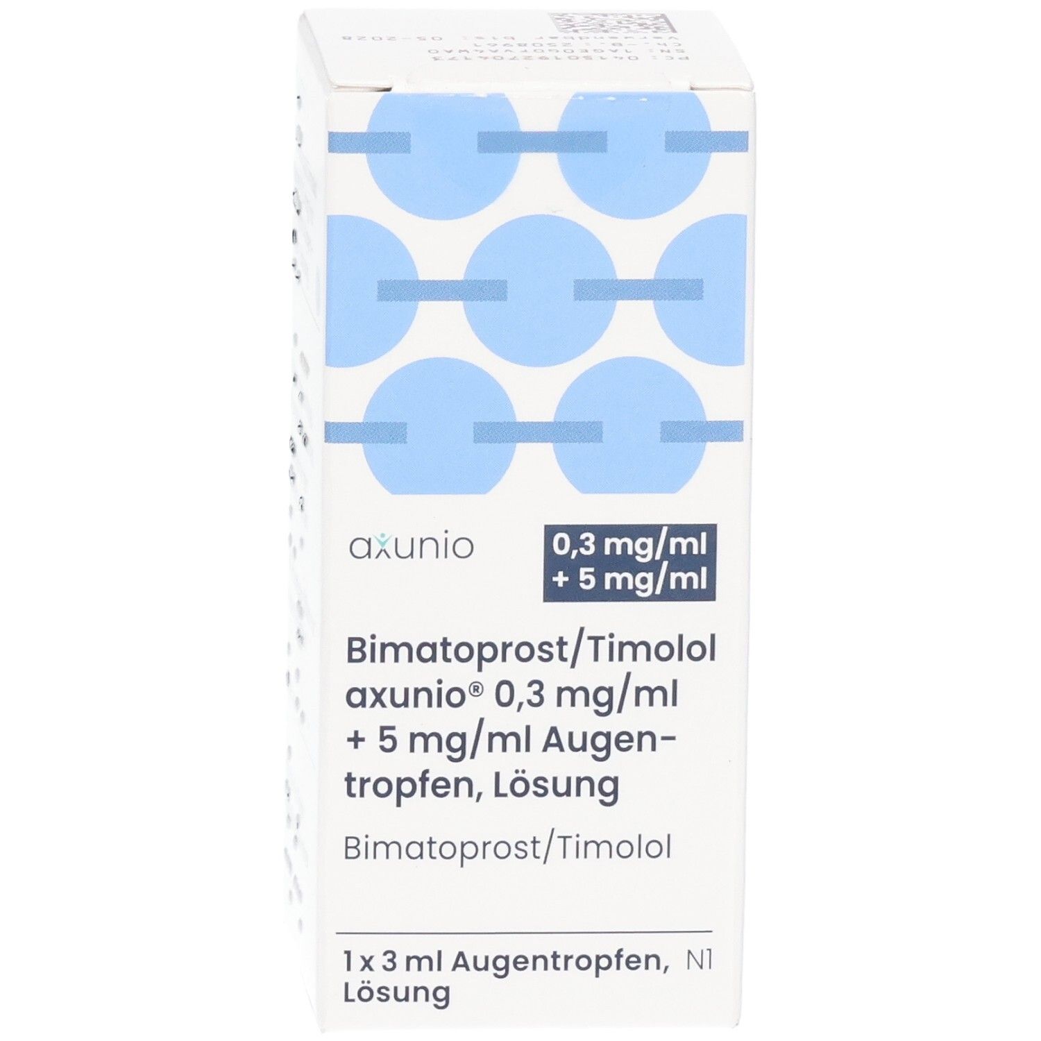 Weiße Faltschachtel mit blauen Kreisen. Aufdruck: axunio, 0,3 mg/ml + 5 mg/ml, Bimatoprost/Timolol Augentropfen, Lösung. 1x3 ml.