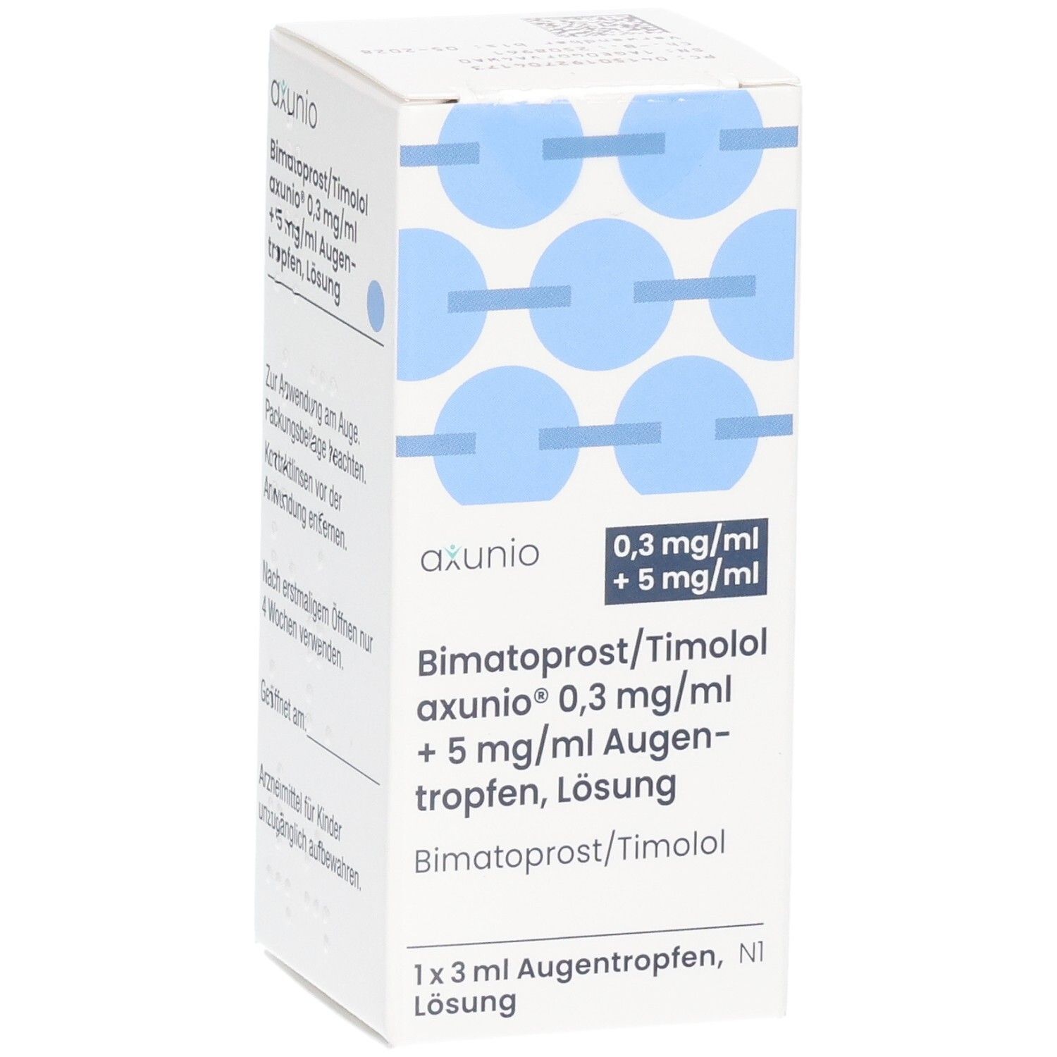 Weiße Faltschachtel mit blauen Kreisen. Aufdruck: axunio, 0,3 mg/ml + 5 mg/ml, Bimatoprost/Timolol Augentropfen, Lösung. Text zur Anwendung am Auge.