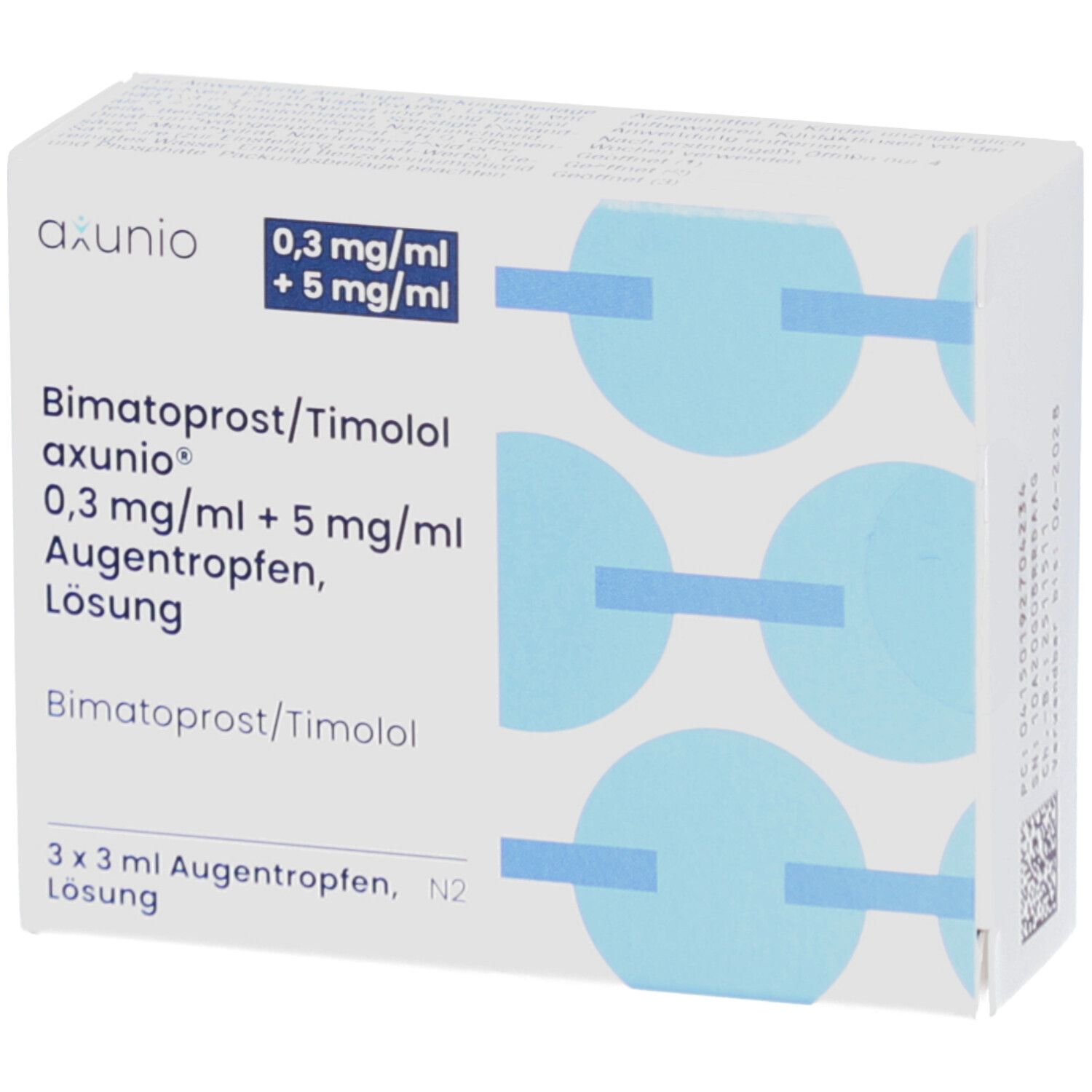 Verpackung von Augentropfen. Aufschrift: Bimatoprost/Timolol axunio 0,3mg/ml + 5mg/ml. 3 x 3 ml Augentropfen.