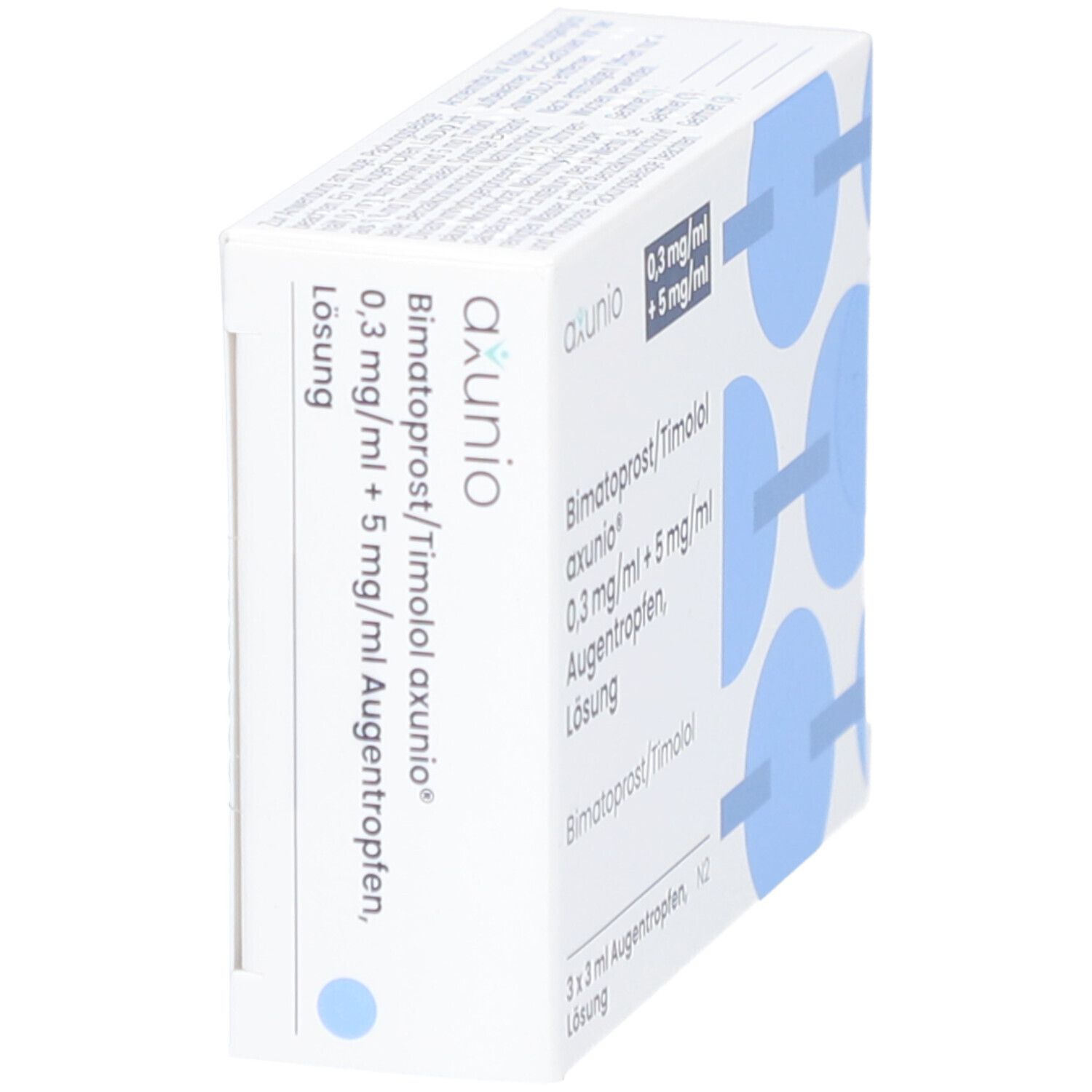 Schachtel mit Augentropfen. Aufschrift: Bimatoprost/Timolol axunio 0,3mg/ml + 5mg/ml. 3 x 3 ml Augentropfen.