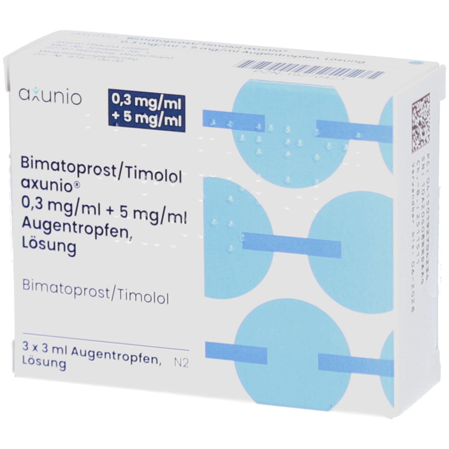 Verpackung von Augentropfen. Aufschrift: Bimatoprost/Timolol axunio 0,3mg/ml + 5mg/ml. 3 x 3 ml Augentropfen.