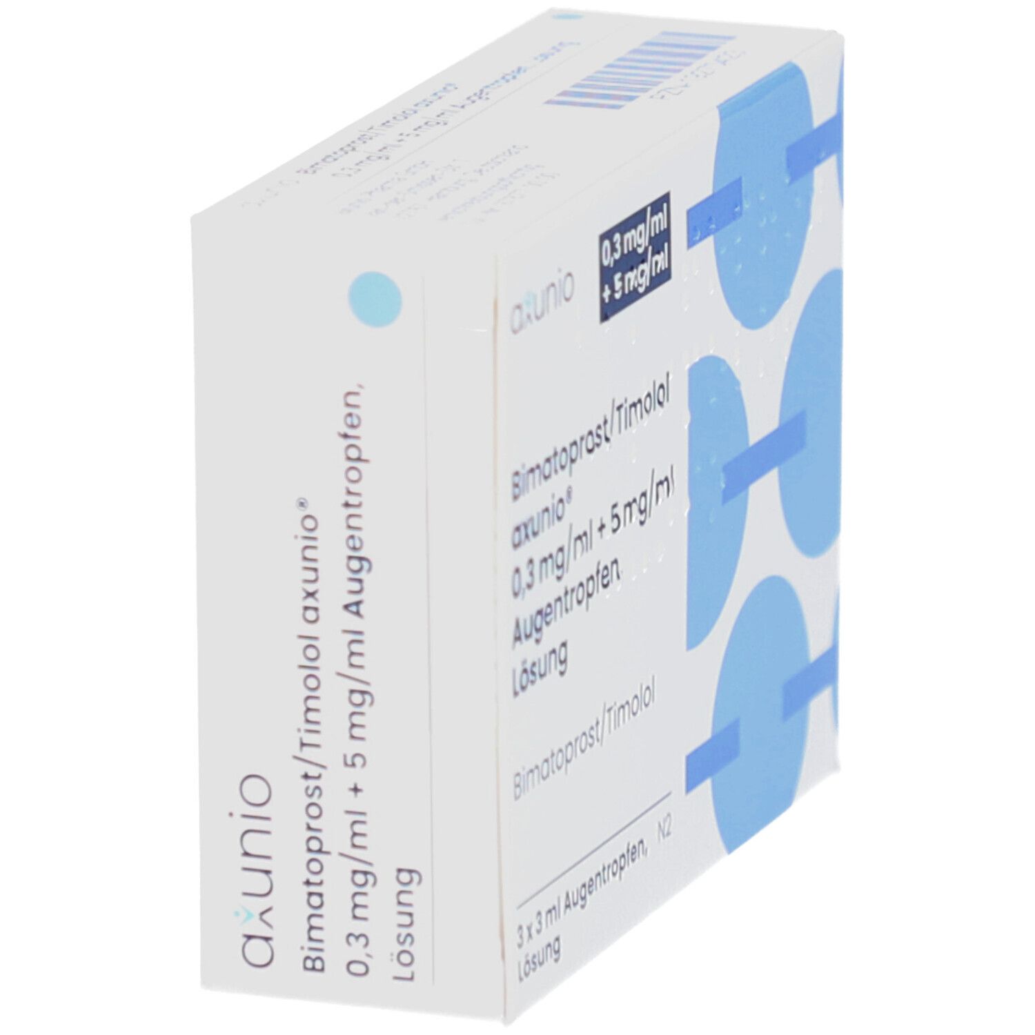 Schachtel mit Augentropfen. Aufschrift: Bimatoprost/Timolol axunio 0,3mg/ml + 5mg/ml. 3 x 3 ml Augentropfen.