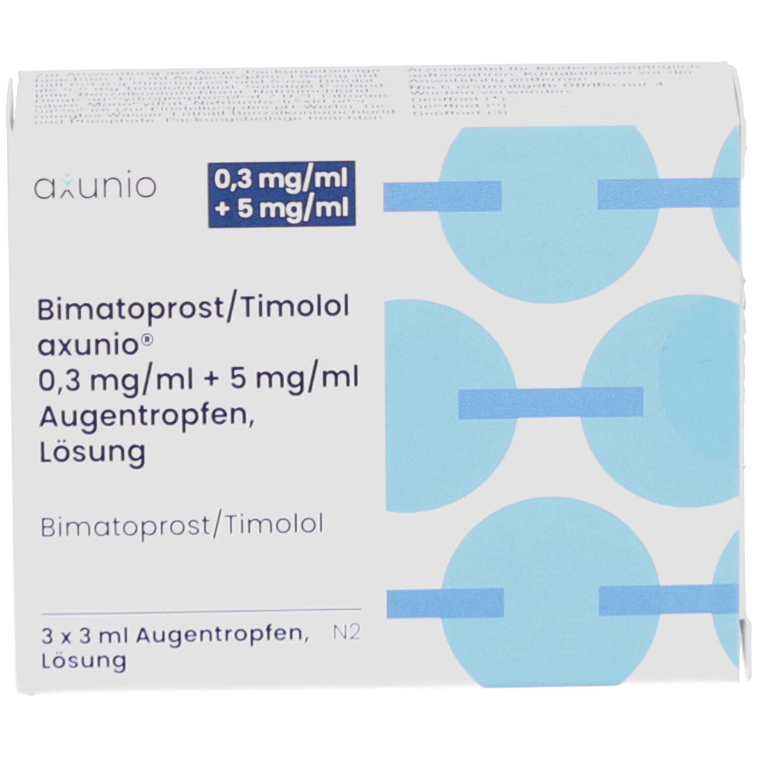 Verpackung von Augentropfen. Aufschrift: Bimatoprost/Timolol axunio 0,3mg/ml + 5mg/ml. 3 x 3 ml Augentropfen.