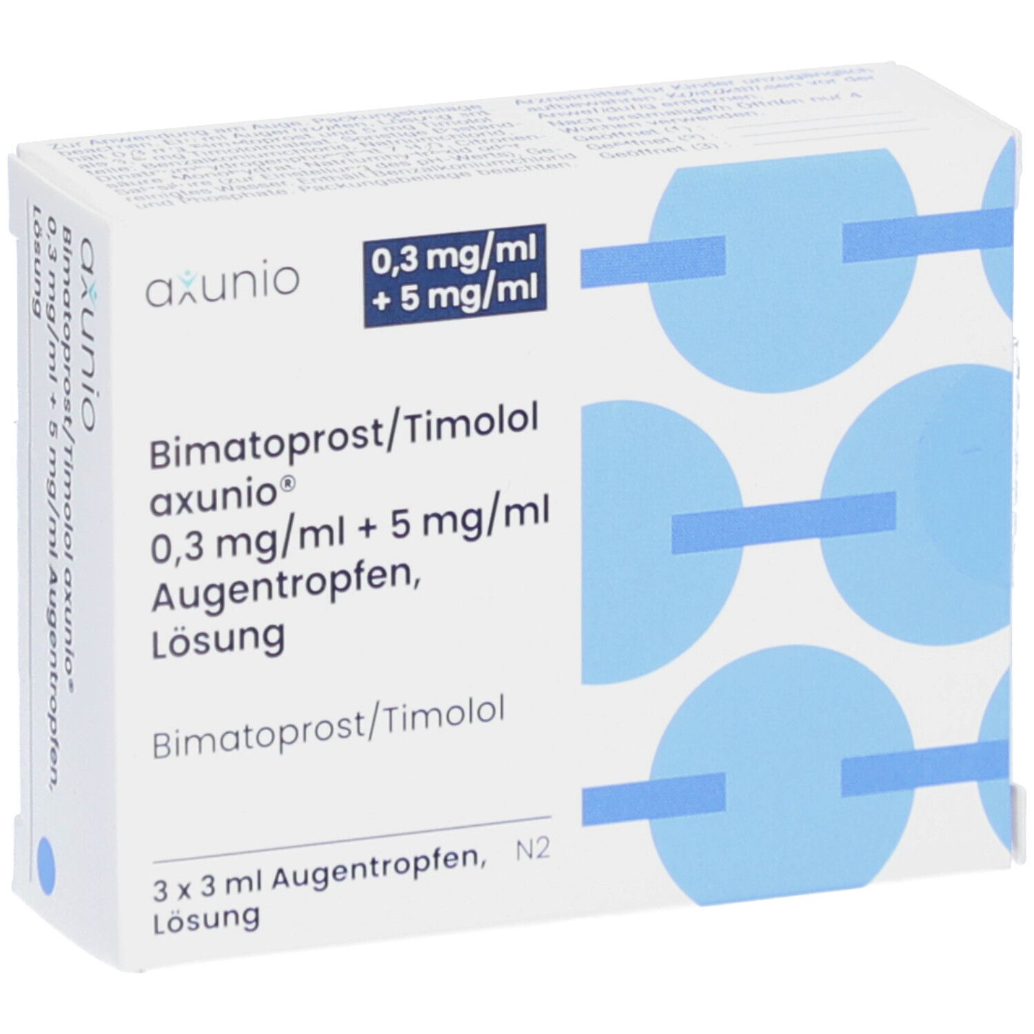 Schachtel mit Augentropfen. Aufschrift: Bimatoprost/Timolol axunio 0,3mg/ml + 5mg/ml. 3 x 3 ml Augentropfen.