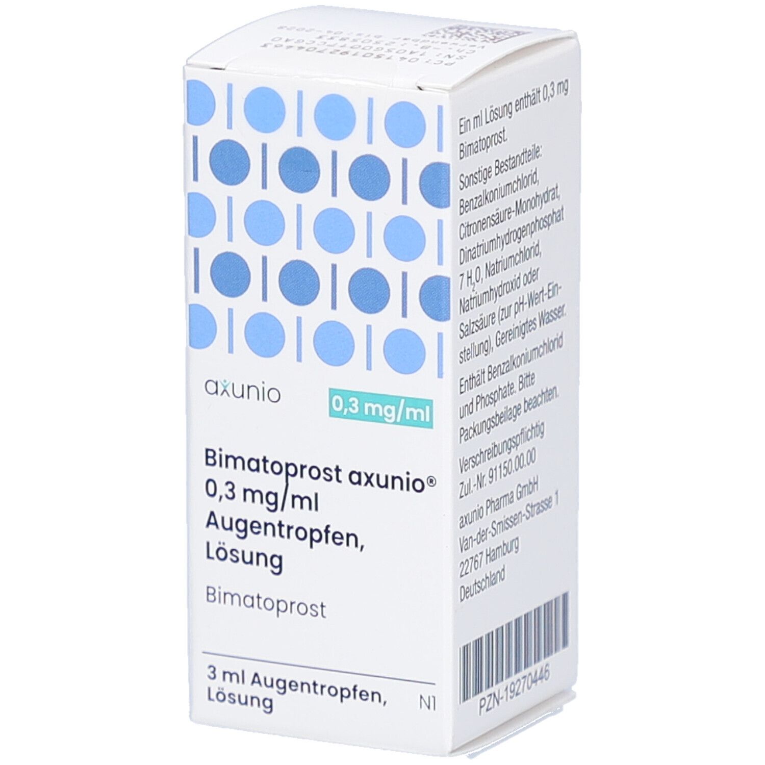 Weiße Faltschachtel mit blauen Kreismustern. Aufdruck: axunio, 0,3 mg/ml, Bimatoprost axunio Augentropfen, Lösung. 3 ml.