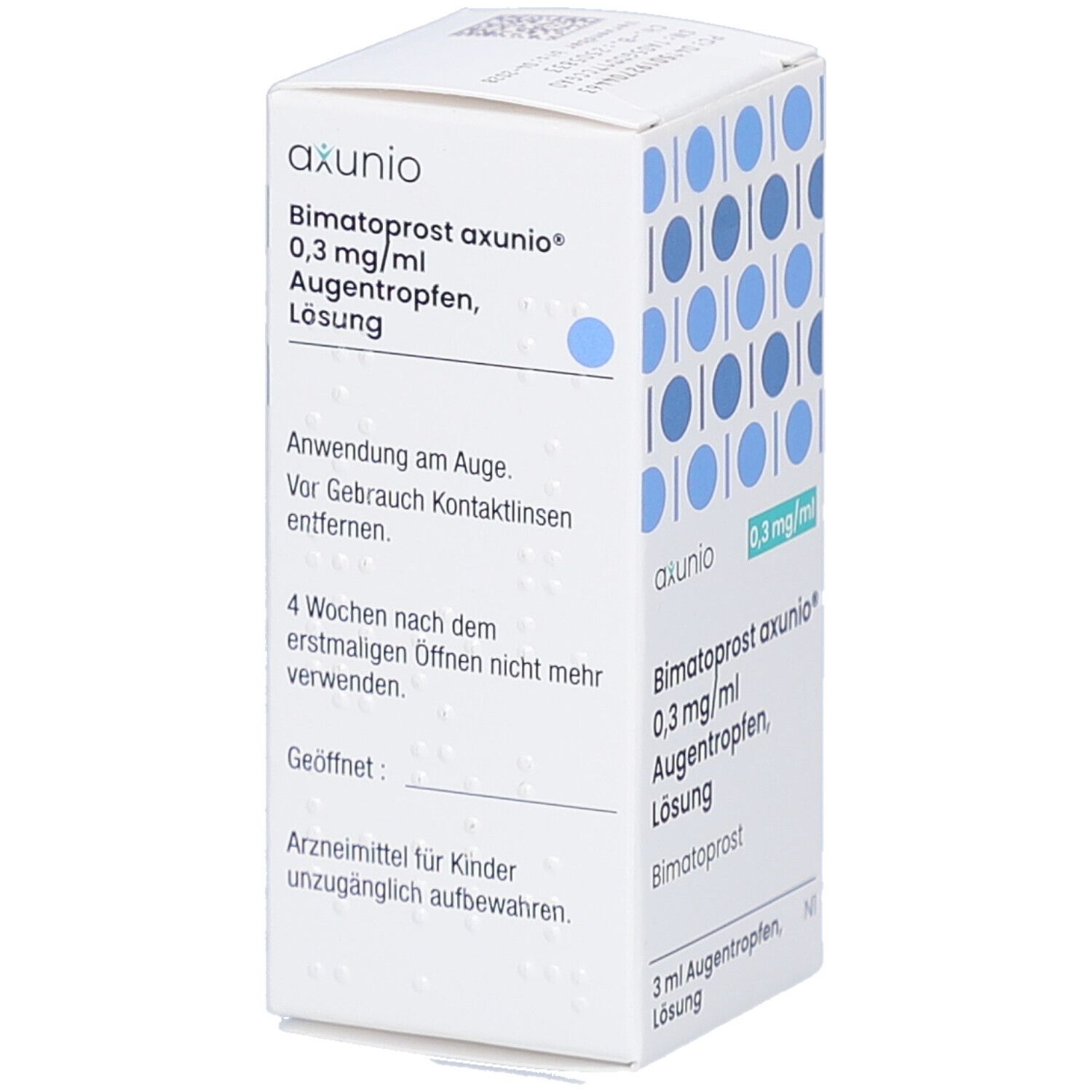 Weiße Faltschachtel mit blauen Kreismustern. Aufdruck: axunio, 0,3 mg/ml, Bimatoprost axunio Augentropfen, Lösung. Text über Anwendung.