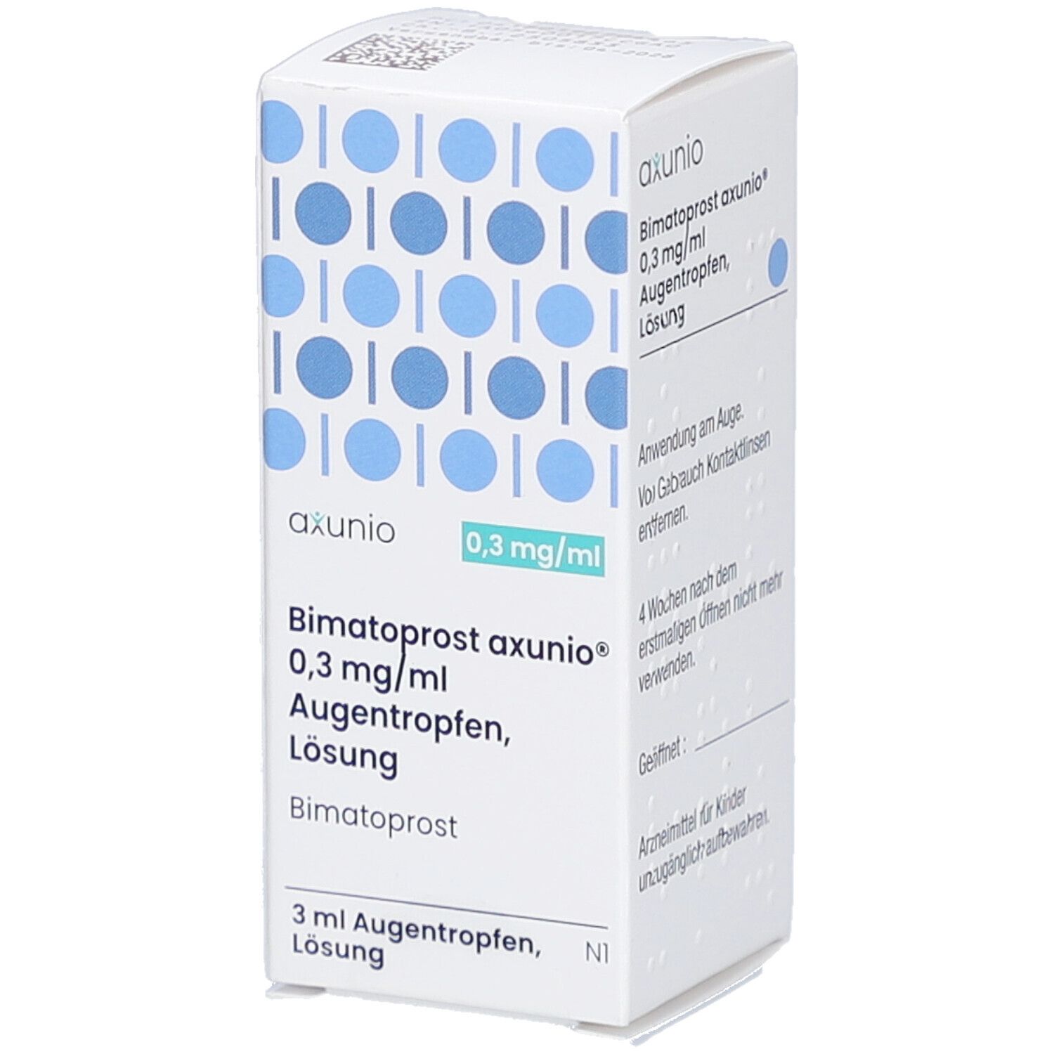 Weiße Faltschachtel mit blauen Kreismustern. Aufdruck: axunio, 0,3 mg/ml, Bimatoprost axunio Augentropfen, Lösung. Text über Anwendung.