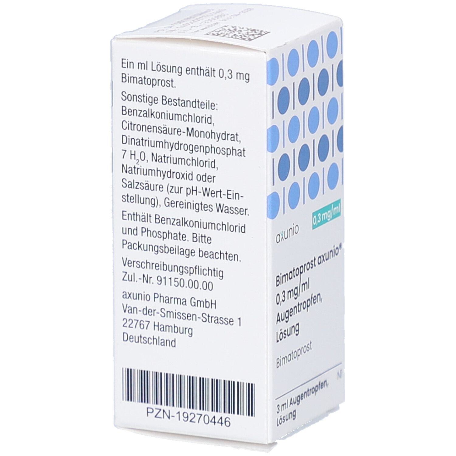 Weiße Faltschachtel mit blauen Kreismustern. Aufdruck: axunio, 0,3 mg/ml, Bimatoprost axunio Augentropfen, Lösung. Text mit Inhaltsstoffen.