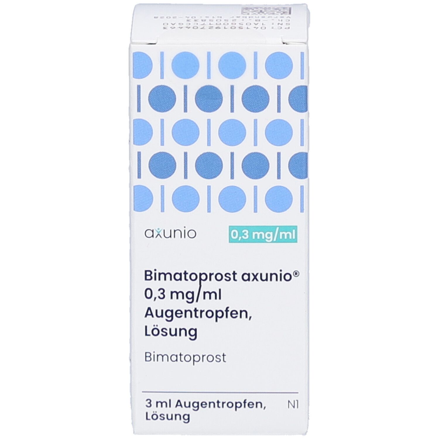 Weiße Faltschachtel mit blauen Kreismustern. Aufdruck: axunio, 0,3 mg/ml, Bimatoprost axunio Augentropfen, Lösung. 3 ml.
